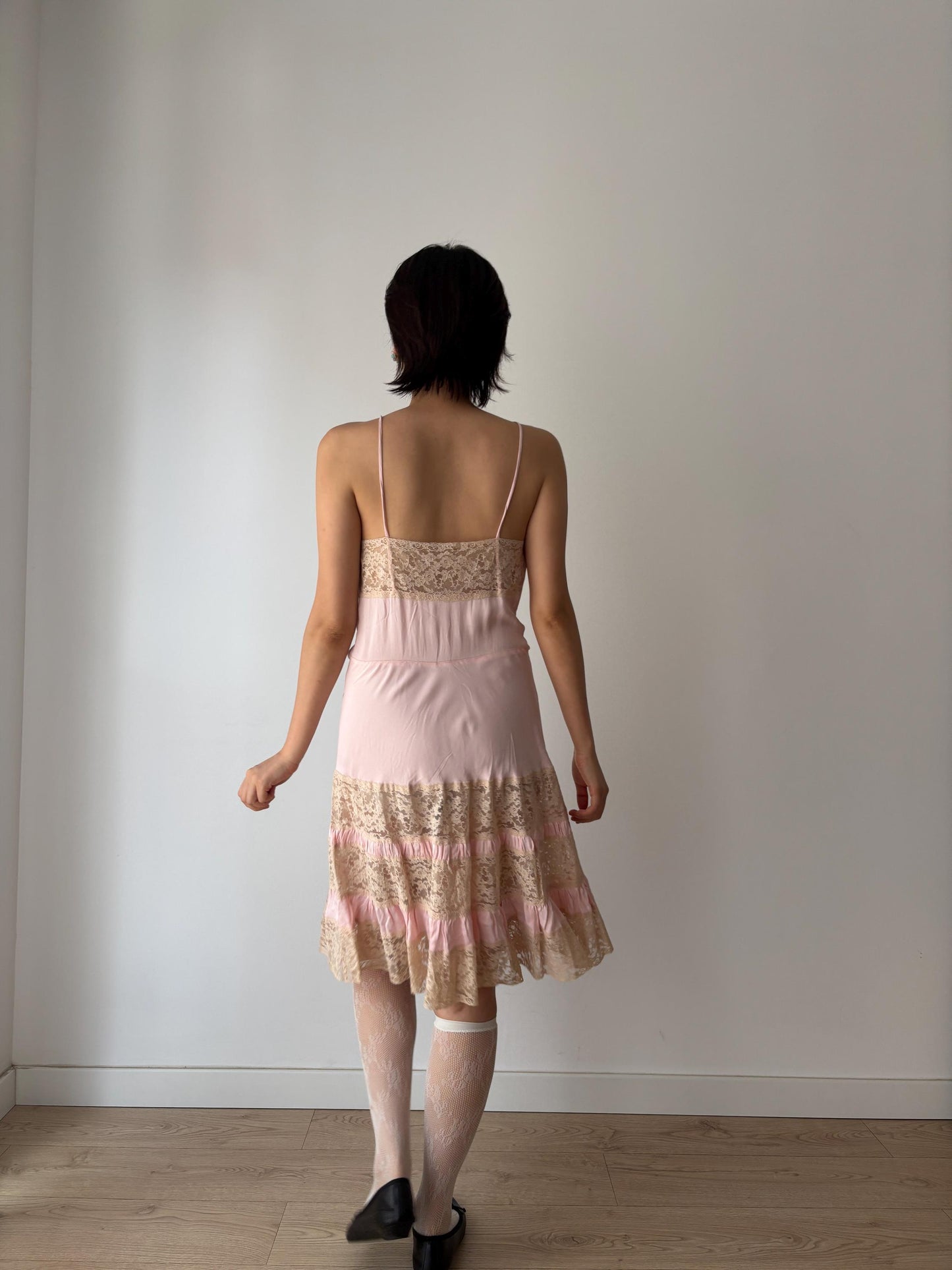 1940s 1950s Antique Pale Pink Lace Liquid Silk Satin Slip dress, Vintage lace mini dress