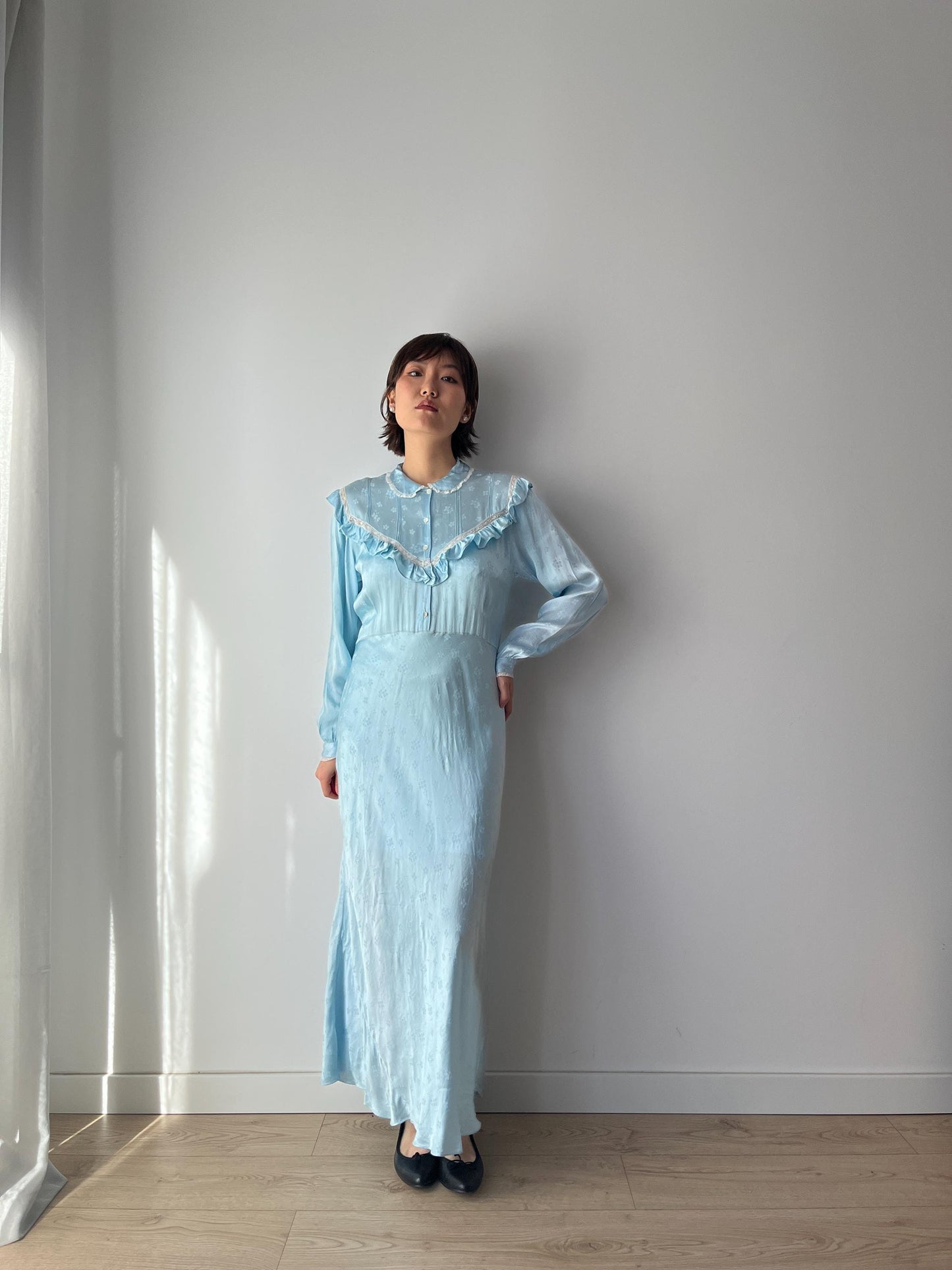 Antique 1930s floral print bias cut liquid silk satin bridal nightdress