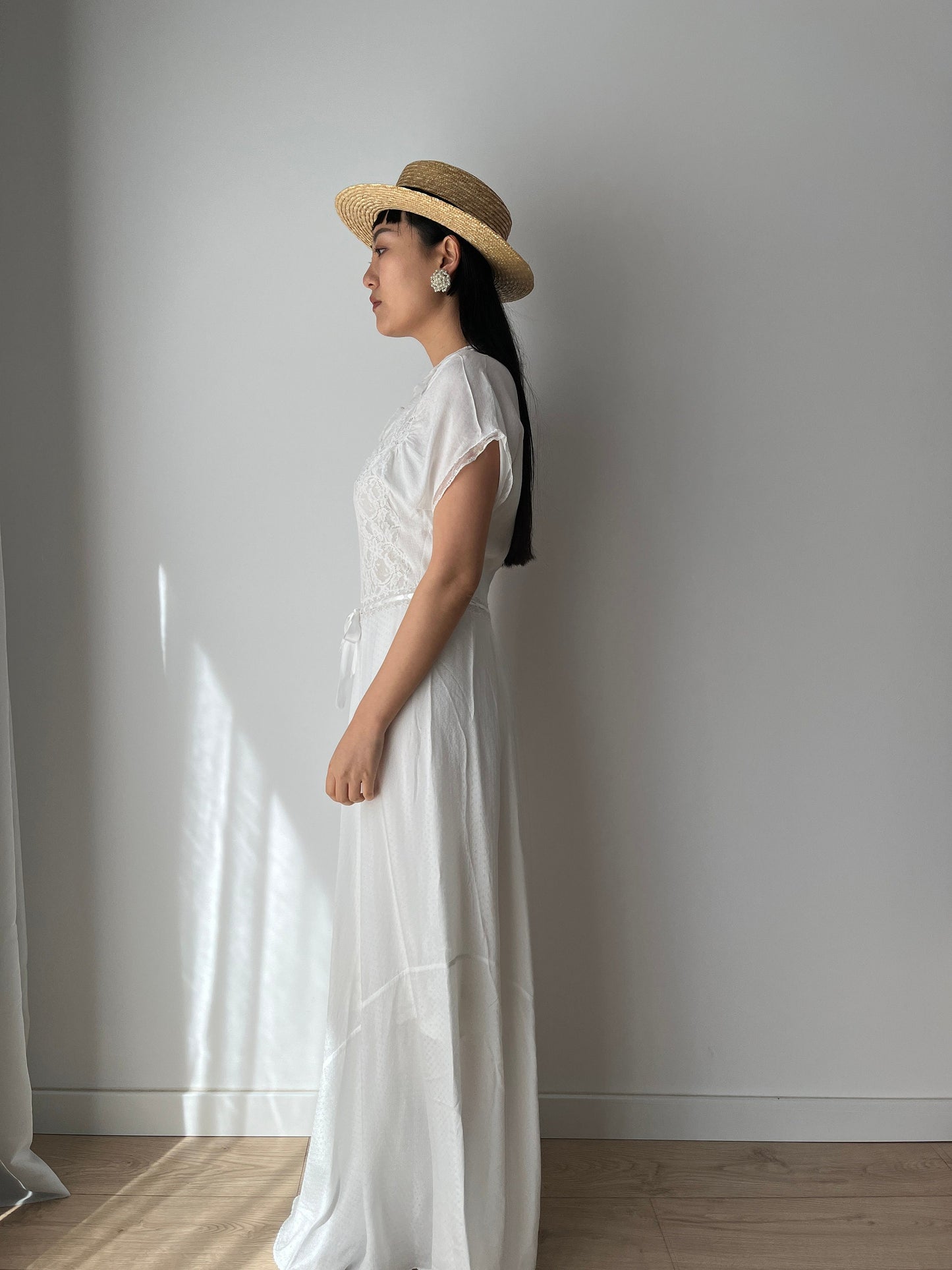 1930s Antique Bias Cut Rayon Embroidered Lace Bridal Dress