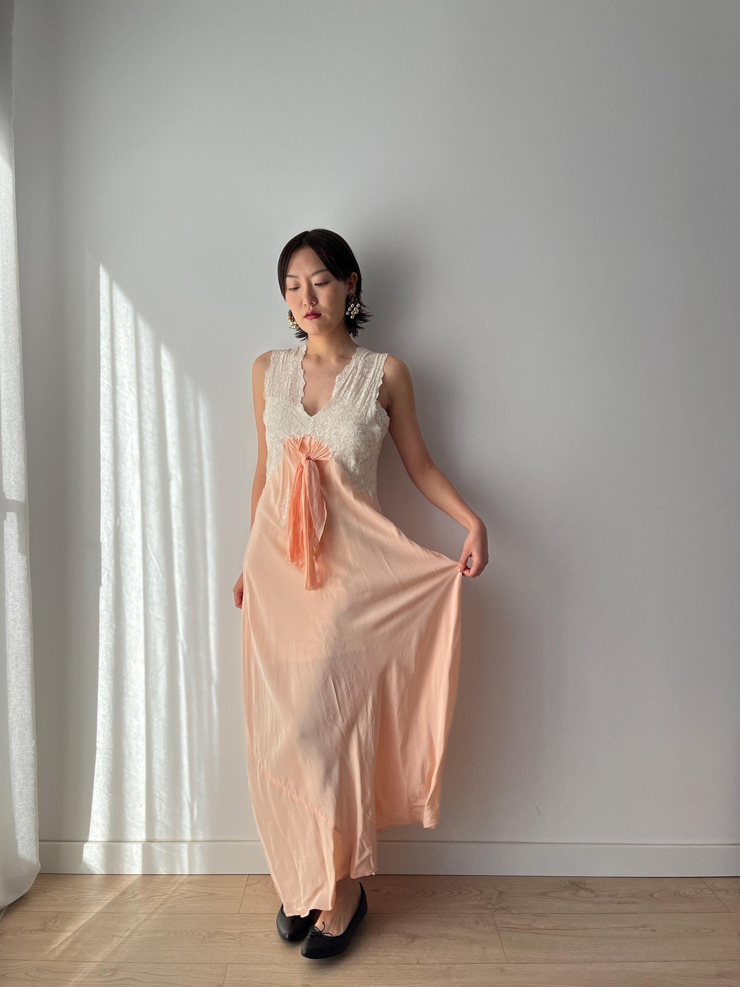 1930s Antique Peach Pure Silk Crepe Lace Nightgown Maxi Dress