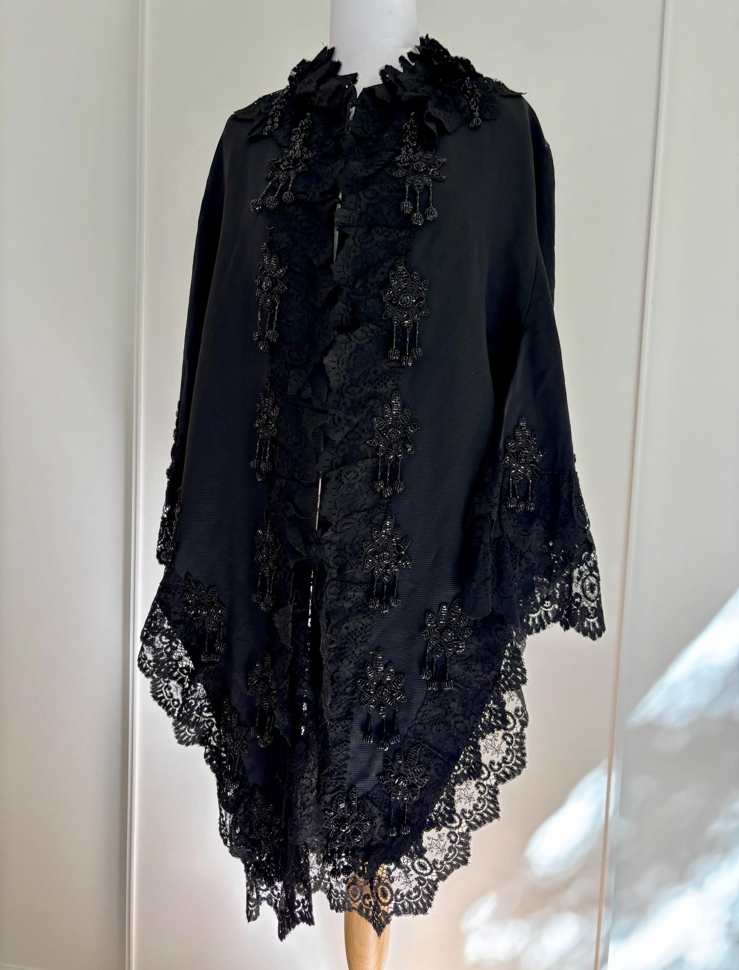 Antique 1900French beaded Silk cape with embroidery, Victorian black cape rich lace