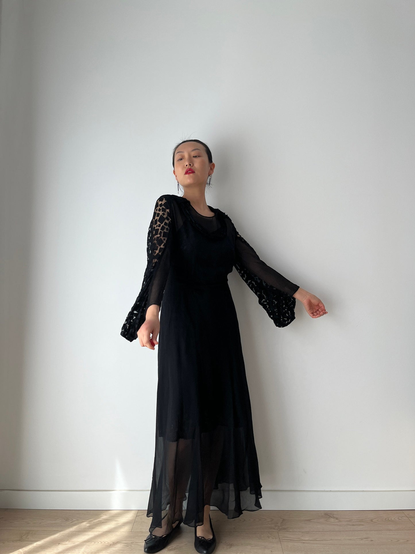 1920s Black Silk Antique Evening Night Transparent Dress Flapper Lace Embroidered dress