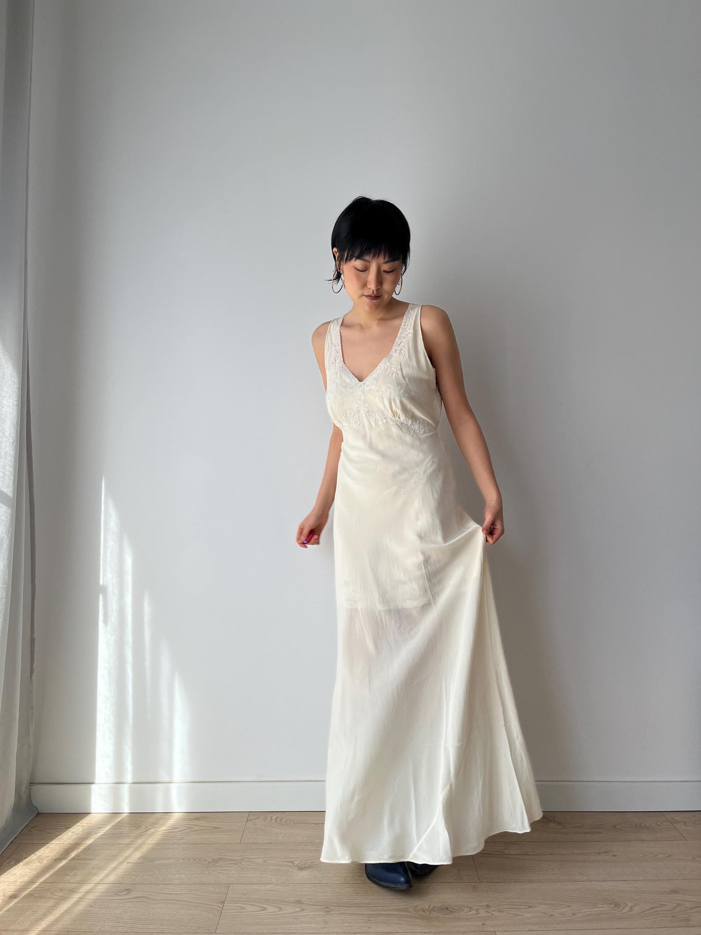 1930s Antique Bridal Lace Bias Cut Negligee Silk Satin Embroidered Nightgown