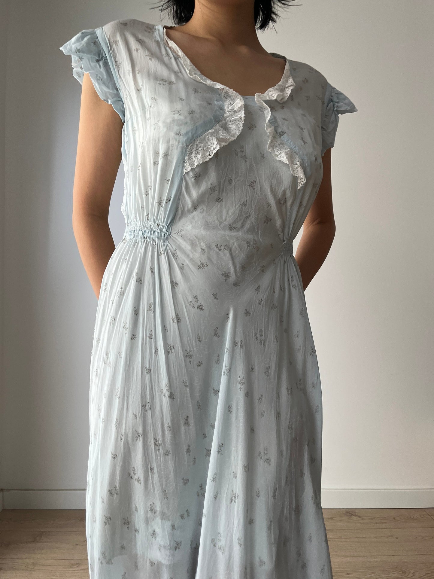vintage 1940s blue bias cut floral crepe chiffon sheer lace embroidered art deco dress