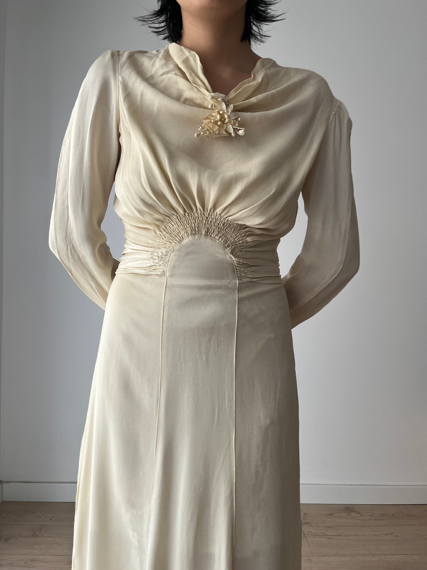 1930s Antique Bridal Lace Bias Cut Negligee Silk Satin Embroidered Wedding Dress