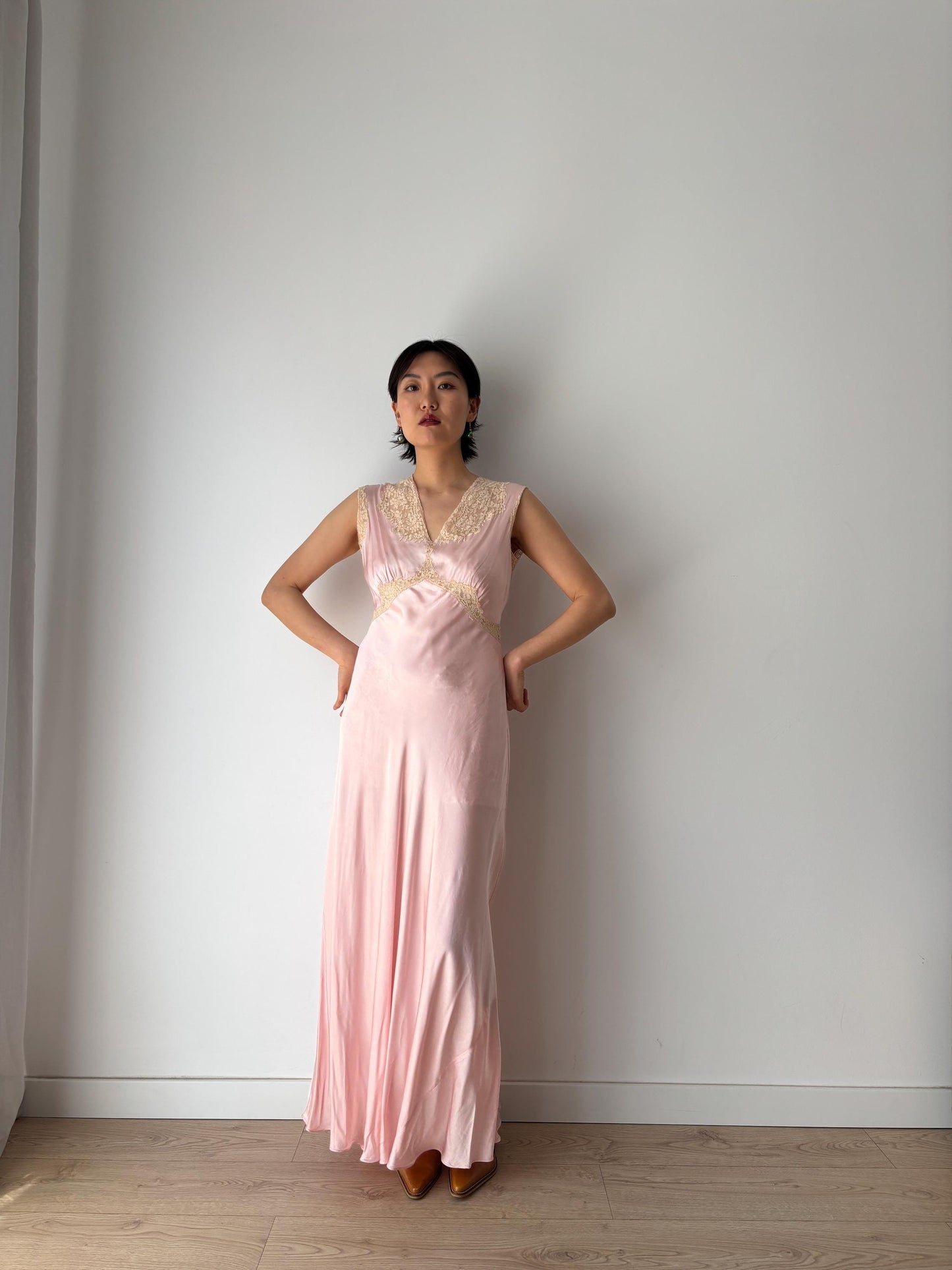 1930s Antique Lace appliqué Peach Pink Pure Silk bias cut gown, Liquid Satin Silk Maxi Dress