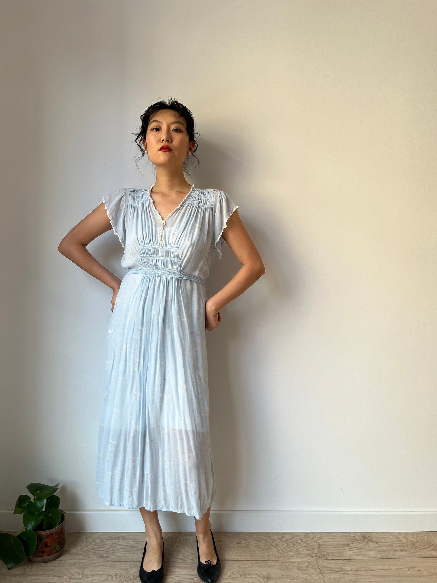 Antique 1930s bias cut liquid pure silk floral nightdress, Embroidered art deco babe blue maxi dress