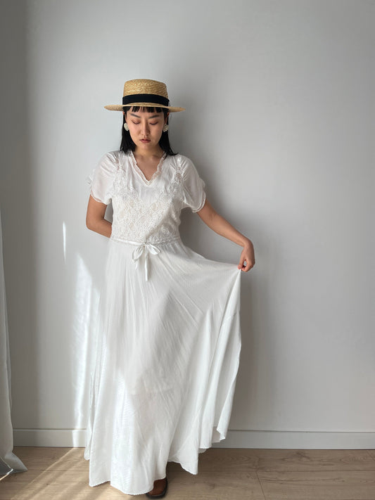 1930s Antique Bias Cut Rayon Embroidered Lace Bridal Dress