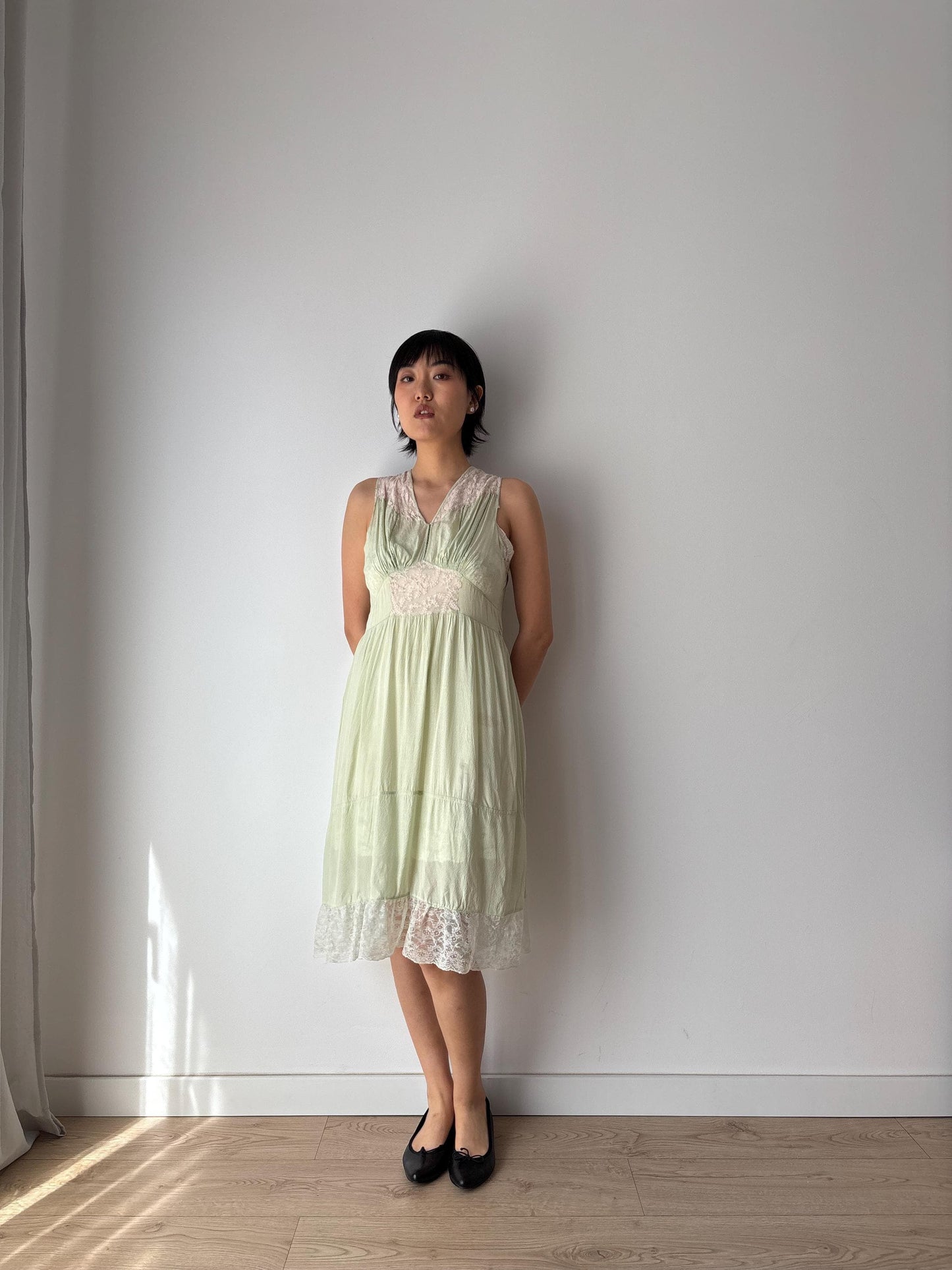 vintage 1940s 1930s mint green silk crepe heavy lace embroidered art deco dress, romantic parisian french dress