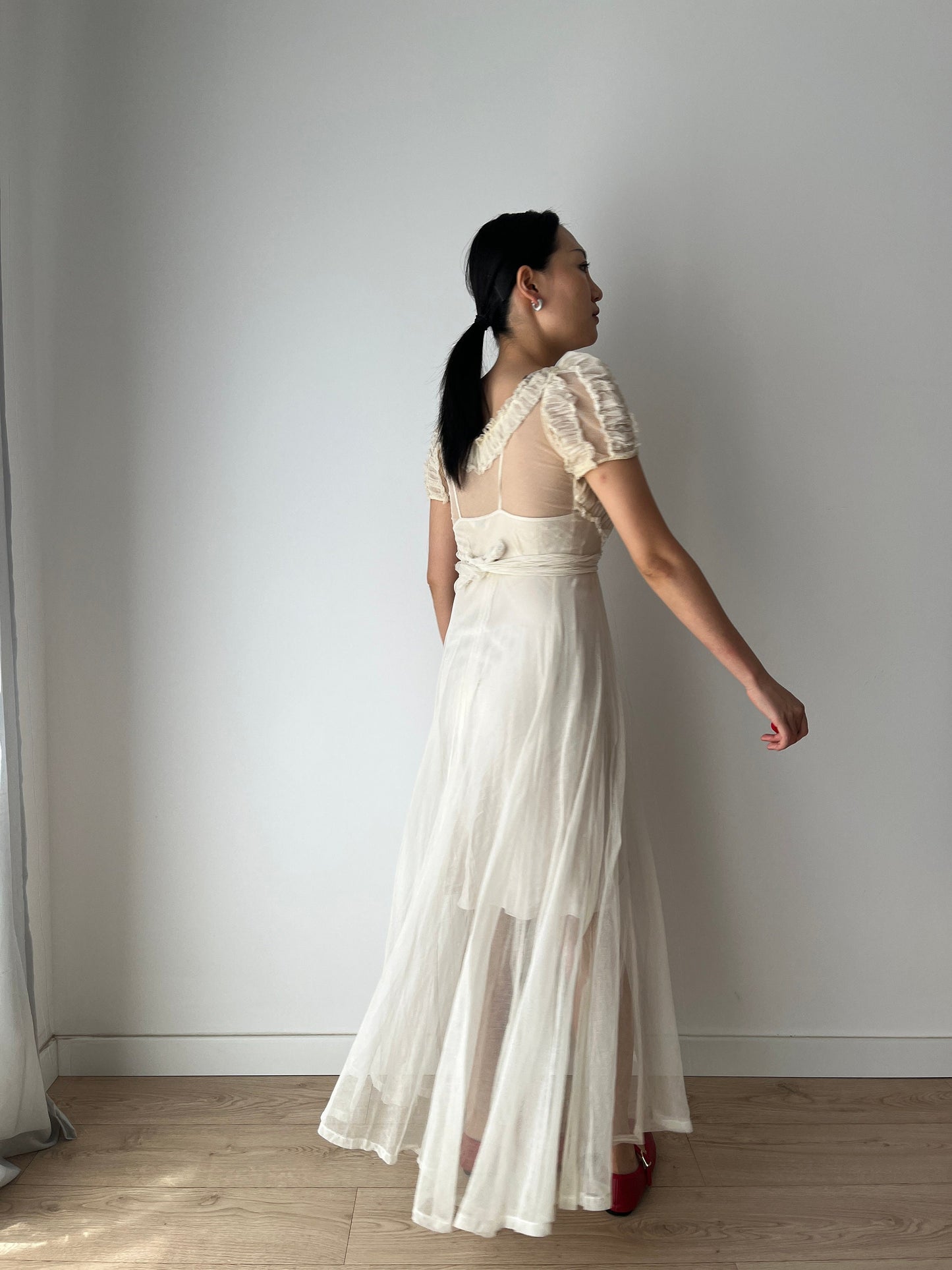 Vintage Antique 1920s Lace Sheer Wedding Dress, Translucent Sequined Bridal Dress