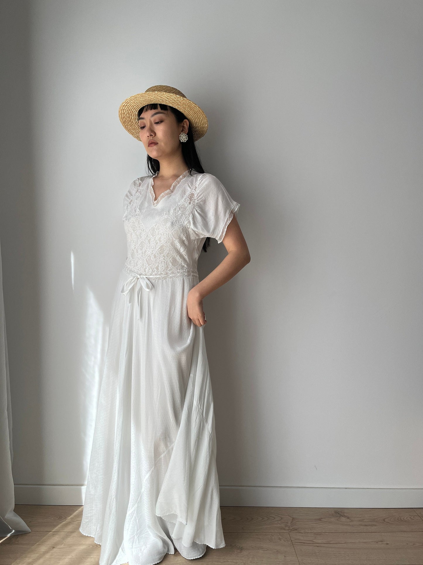 1930s Antique Bias Cut Rayon Embroidered Lace Bridal Dress