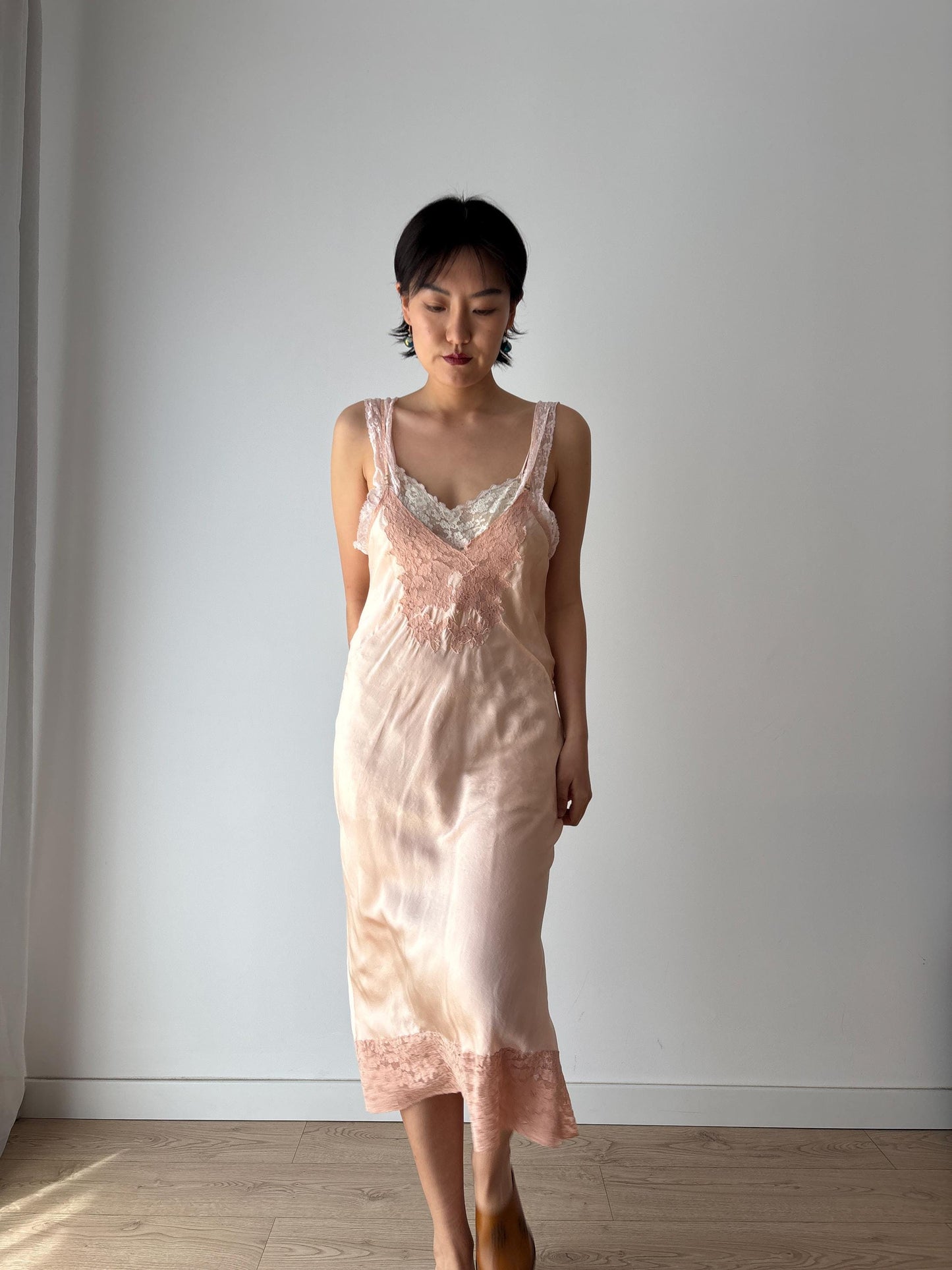 1930s 1940s Antique Pink Lace Liquid Silk Slip Romantic dress, Vintage lace mini dress