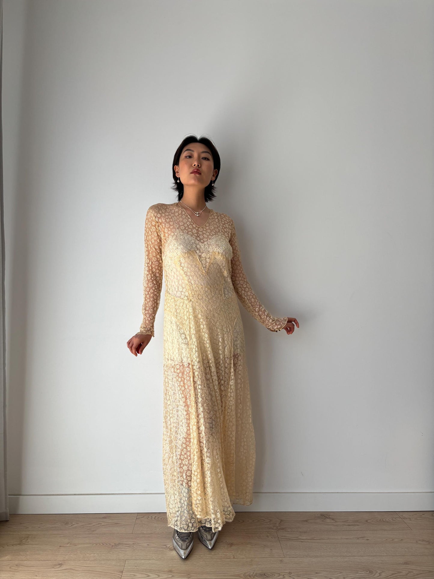 Antique 1910s Edwardian Lace Handmade Wedding Dress Floral Lawn Dress