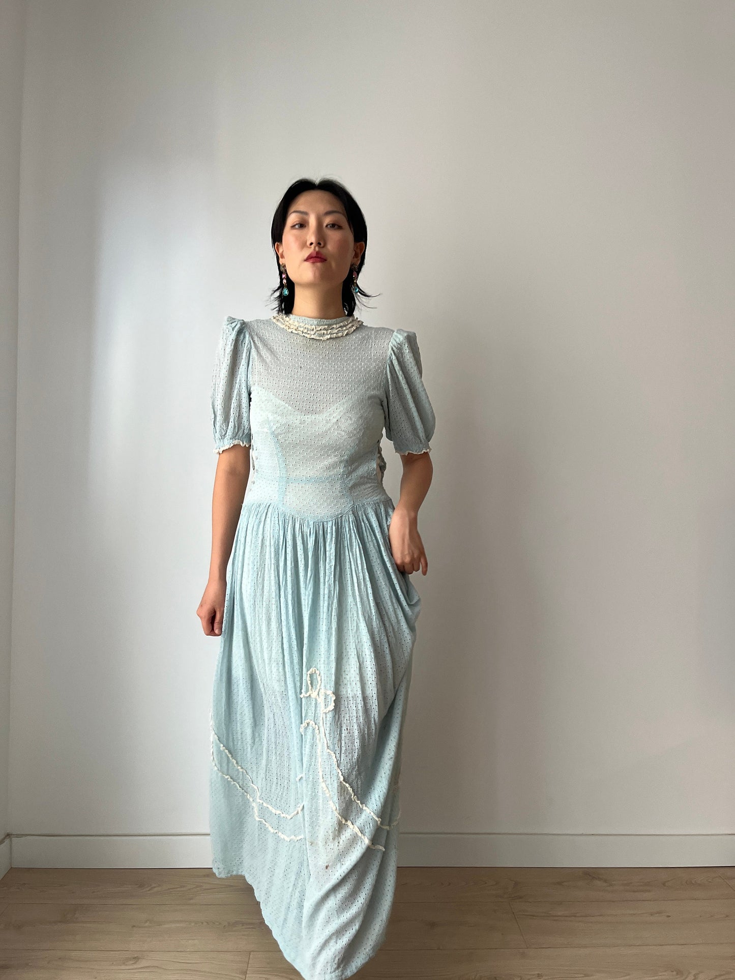 Vintage 1930s Blue Lace Bow Liquid Pure Silk Crepe Embroidered Tailored Handmade Dress