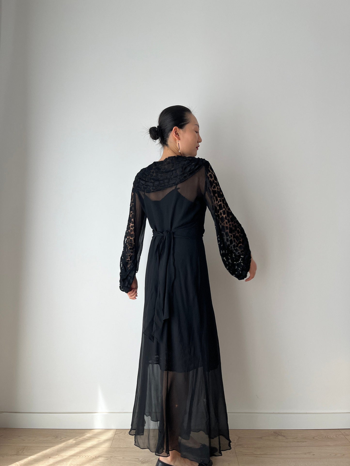 1920s Black Silk Antique Evening Night Transparent Dress Flapper Lace Embroidered dress