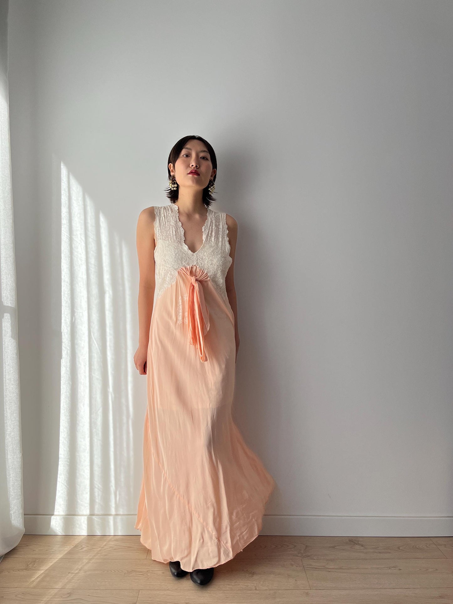1930s Antique Peach Pure Silk Crepe Lace Nightgown Maxi Dress