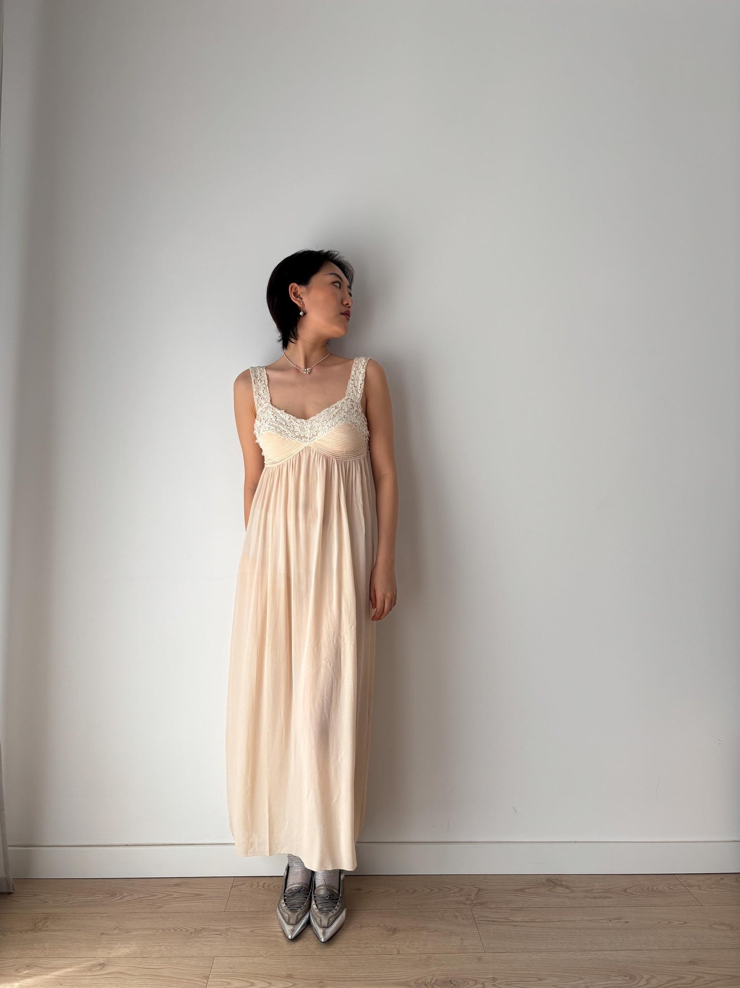 1930s Antique Pure Silk Crepe Embroidered Romantic Lace Bridal Dress