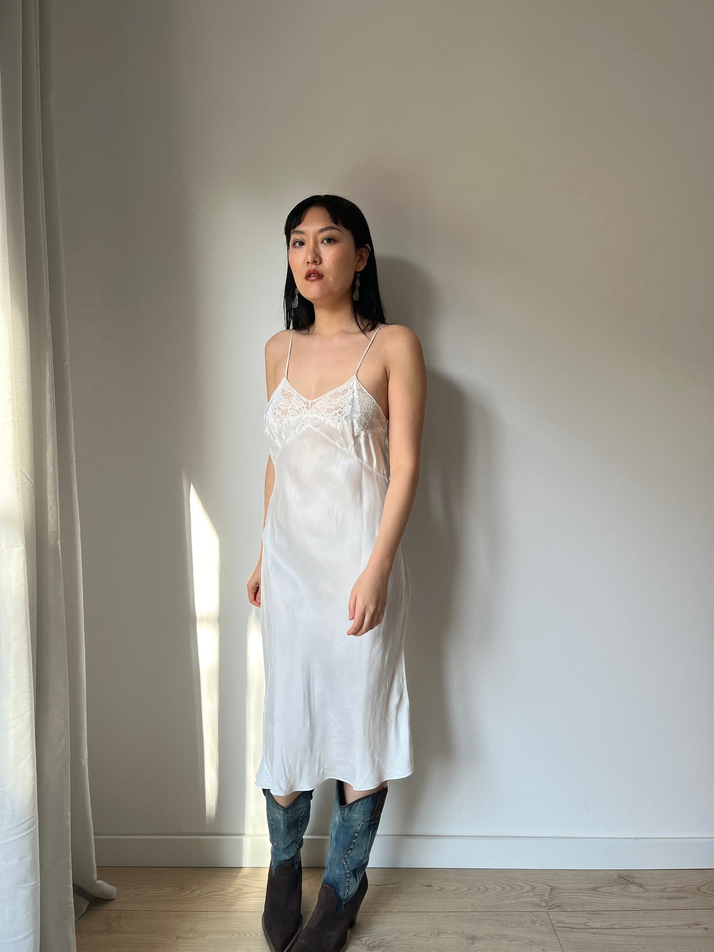 1930s Antique White Lace Liquid Silk Satin Slip dress, Bias cut Vintage lace mini dress