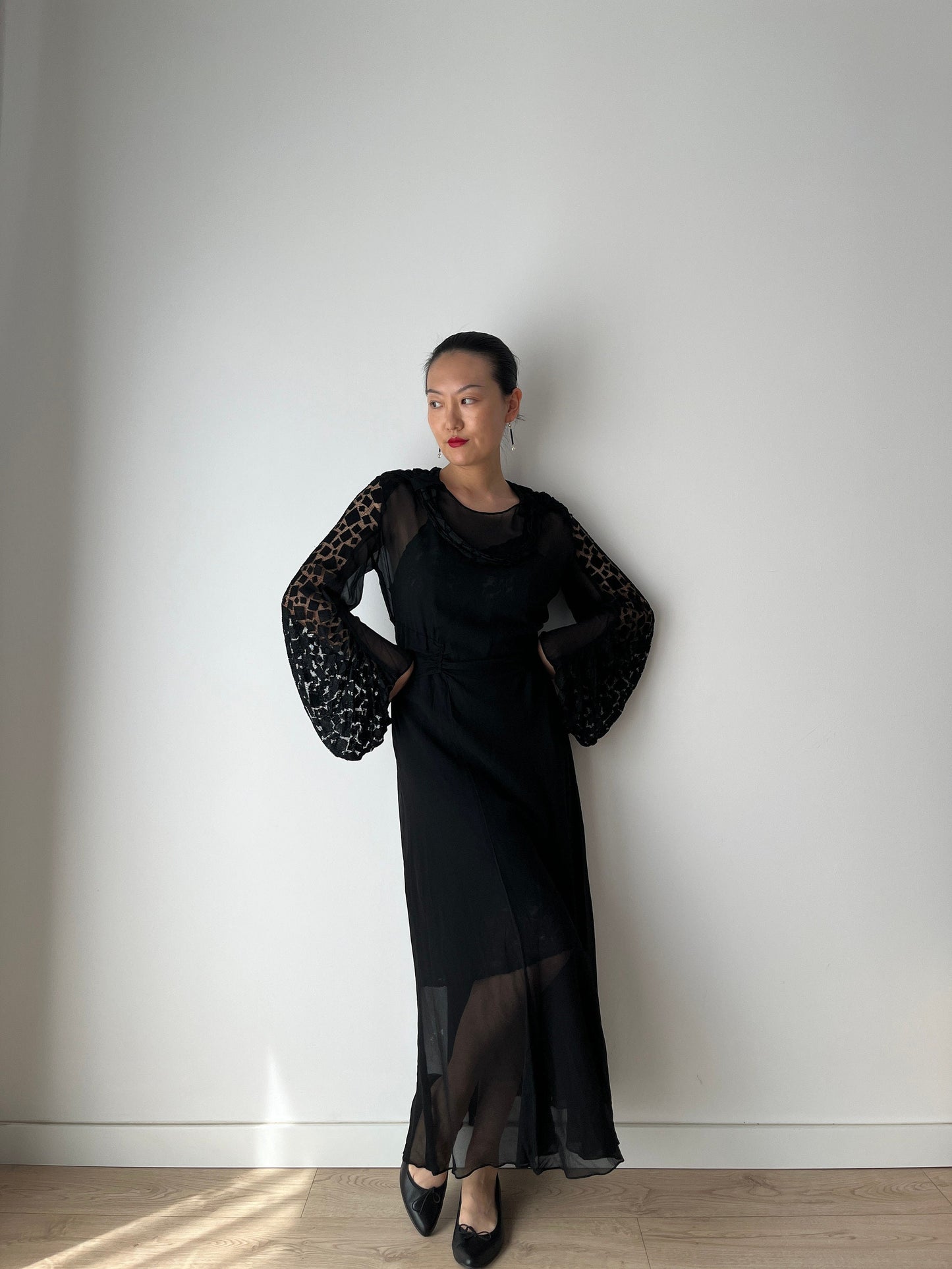 1920s Black Silk Antique Evening Night Transparent Dress Flapper Lace Embroidered dress