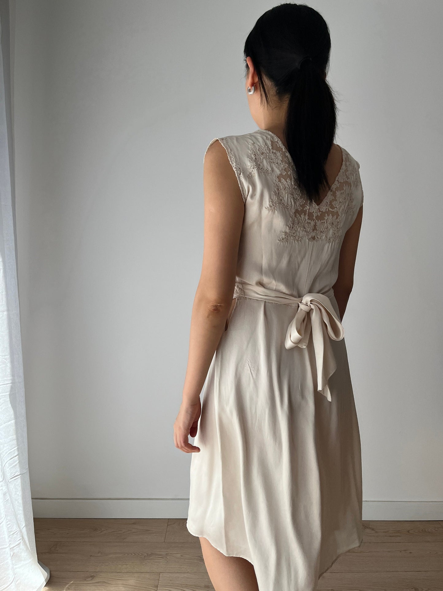 1930s Antique Beige White Lace Liquid Silk Satin Slip dress