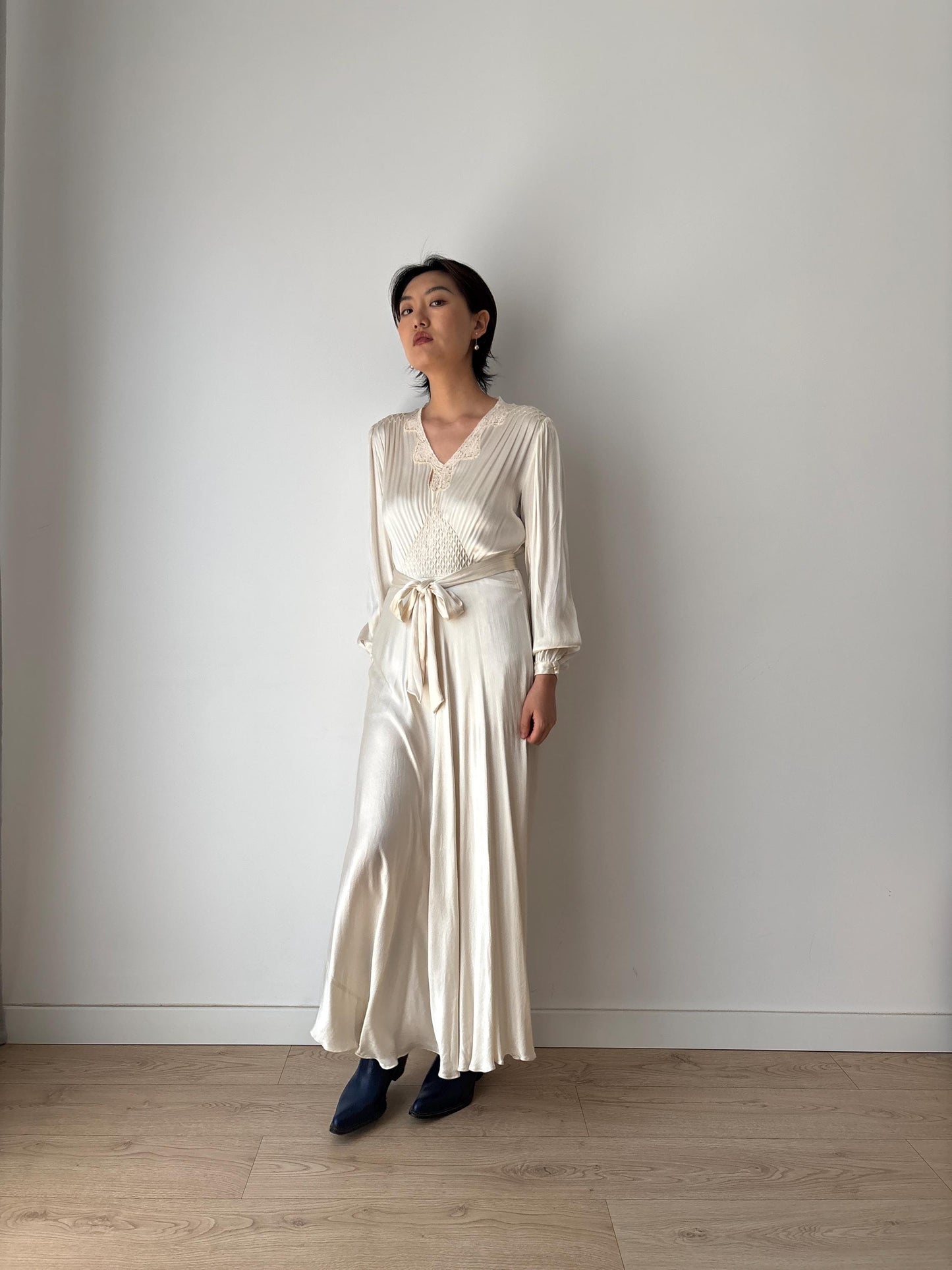 1930s Antique Lace Bridal 100% Silk Liquid Satin Long Maxi dress