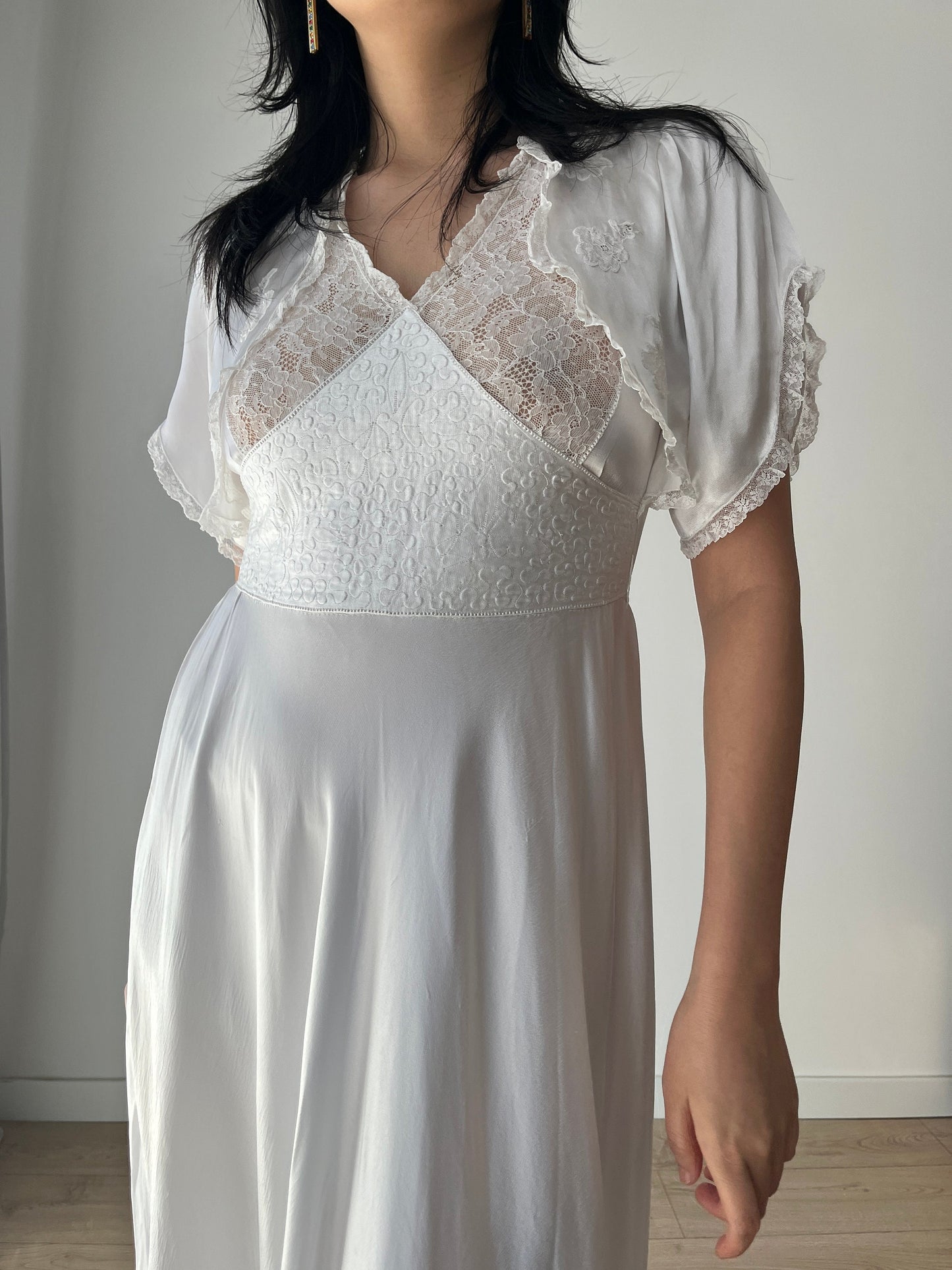 1950s 1940s Antique Bias Cut Pure Silk Hand Embroidered Lace Bridal Dress