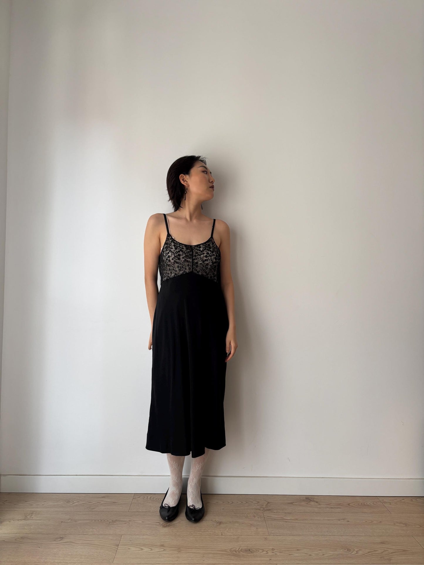 Antique 1930s 1940s black liquid satin pure silk lace art embroidered deco bias cut nightgown maxi slip under dress