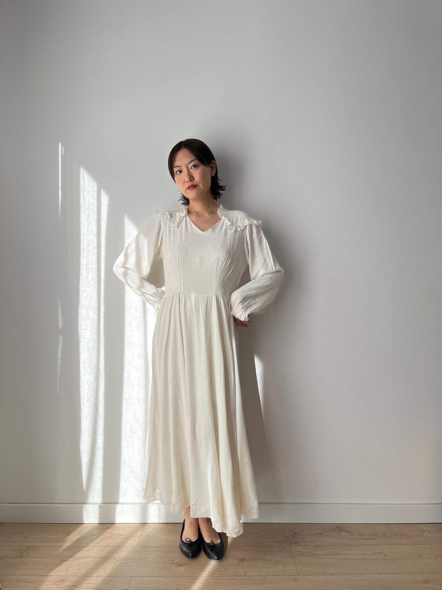 1940s Antique Lace White 100% Pure Silk Liquid Satin Long Maxi dress