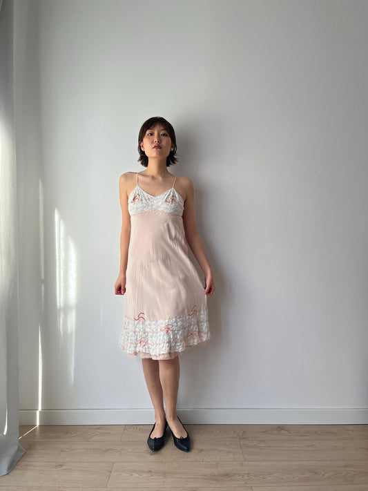 1930s Antique Pastel Pink Lace Liquid Crepe Silk Slip dress, Vintage lace mini dress