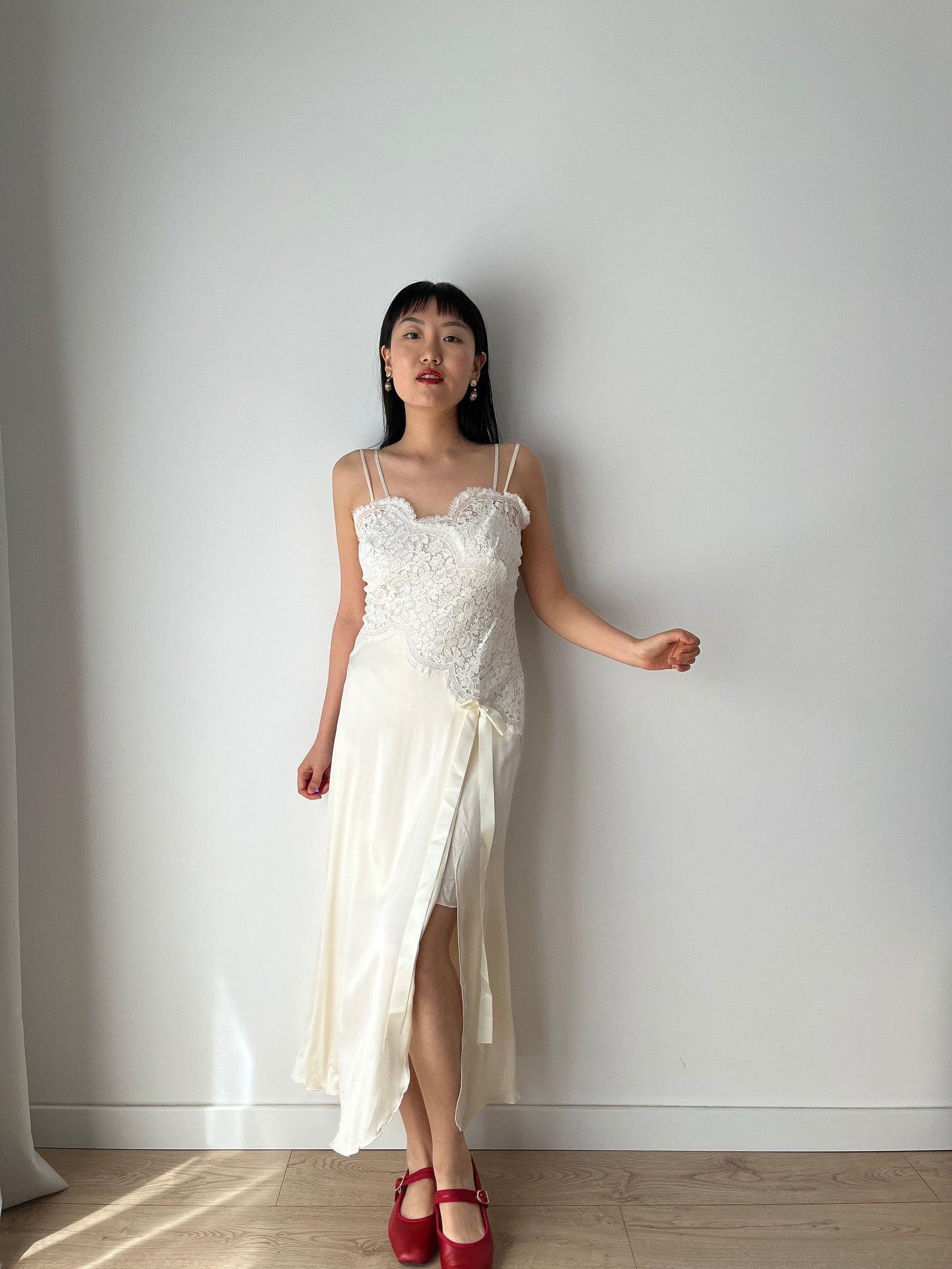 Vintage 90s Y2K liquid silk satin white embroidered slip long maxi camisole dress