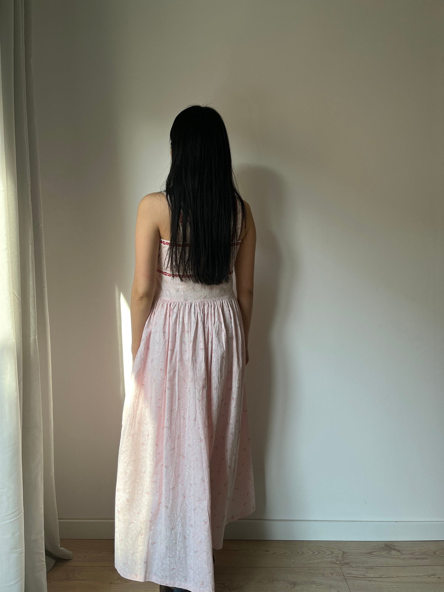 vintage 1940s blue pink floral print cotton lace summer dress, 1950s romantic parisian maxi slip dress