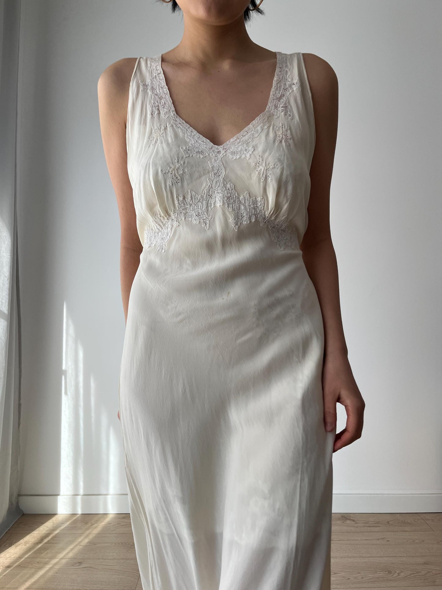 1930s Antique Bridal Lace Bias Cut Negligee Silk Satin Embroidered Nightgown