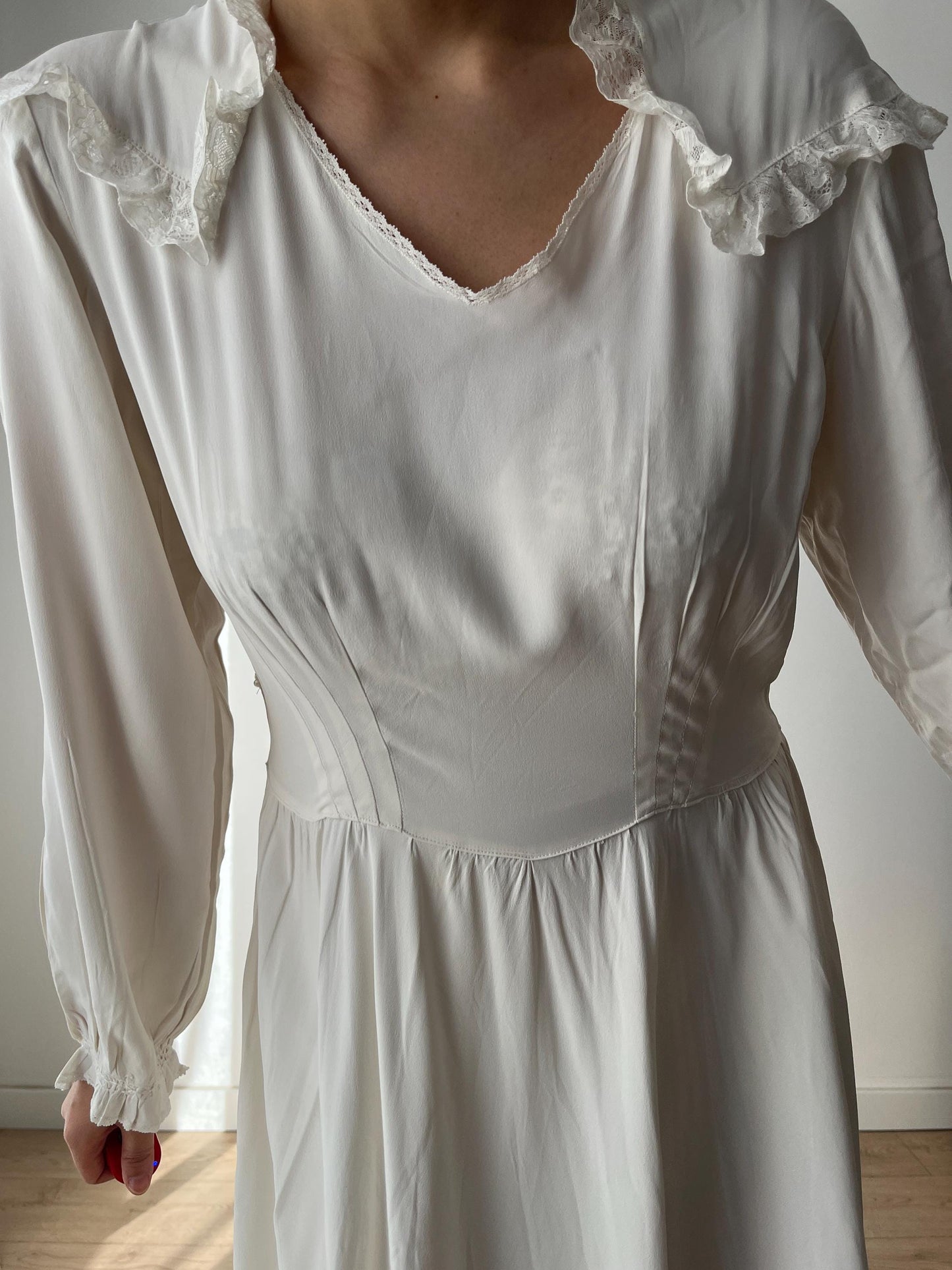 1940s Antique Lace White 100% Pure Silk Liquid Satin Long Maxi dress