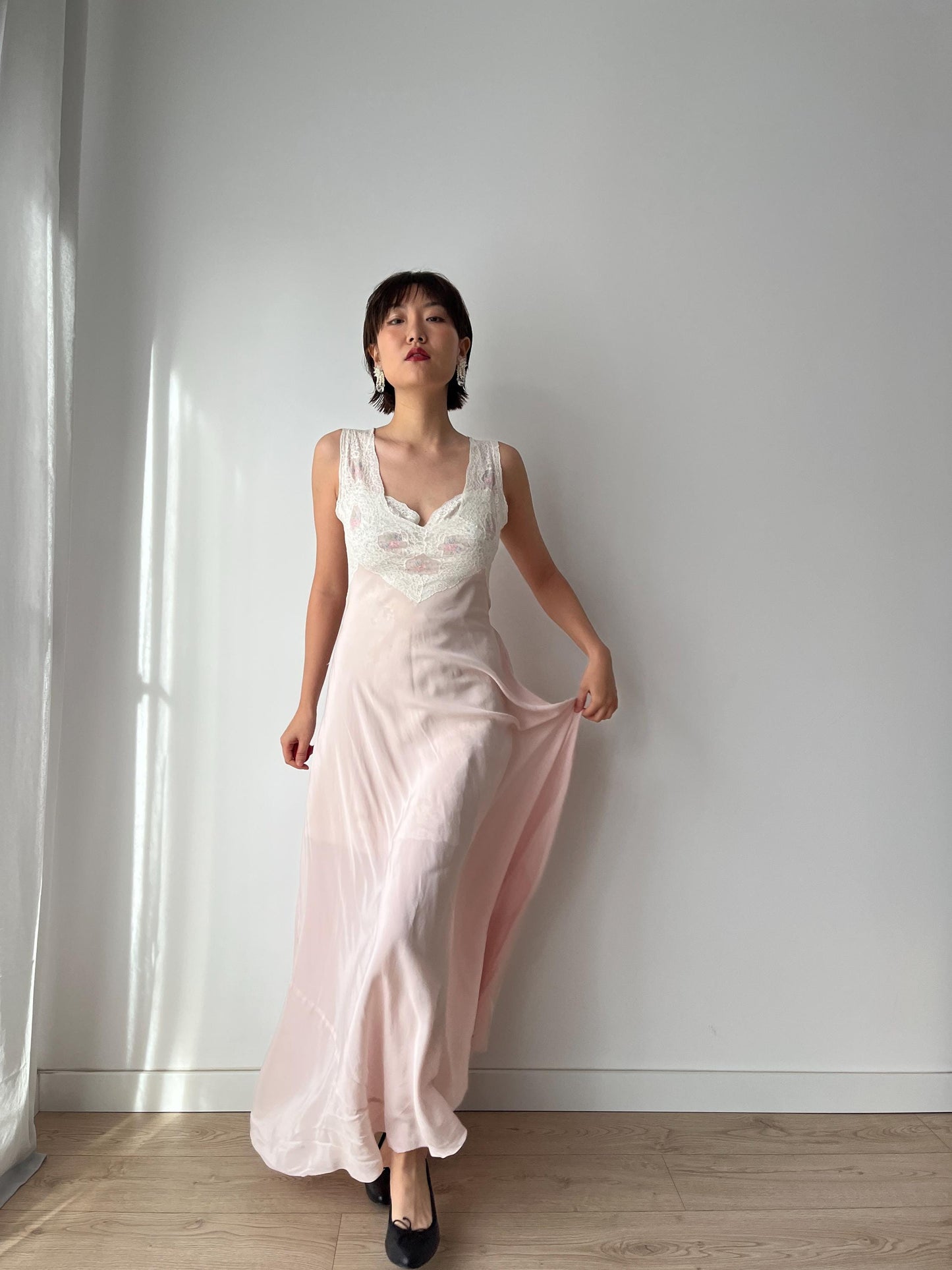 1930s 1940s Antique Bias Cut Ruffle Lace Pastel Pink Pure Silk Embroidered Nightgown