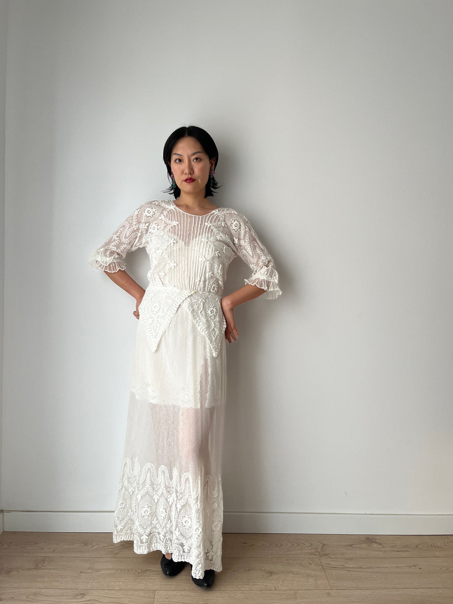 Antique 1910s 1900s White Cotton Lace Renaissance Victorian Edwardian Dress