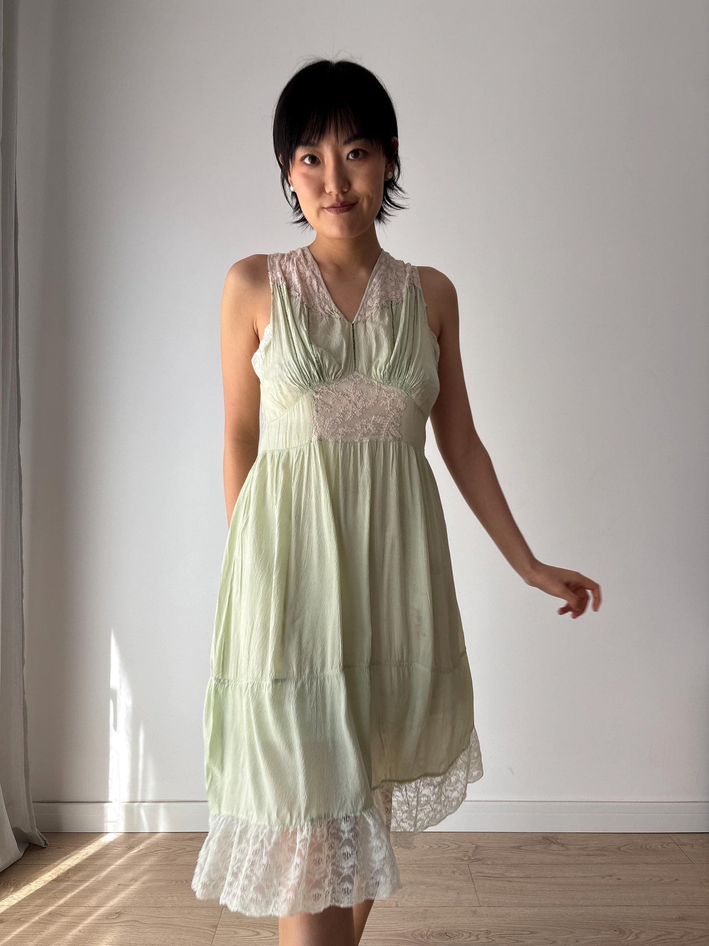 vintage 1940s 1930s mint green silk crepe heavy lace embroidered art deco dress, romantic parisian french dress