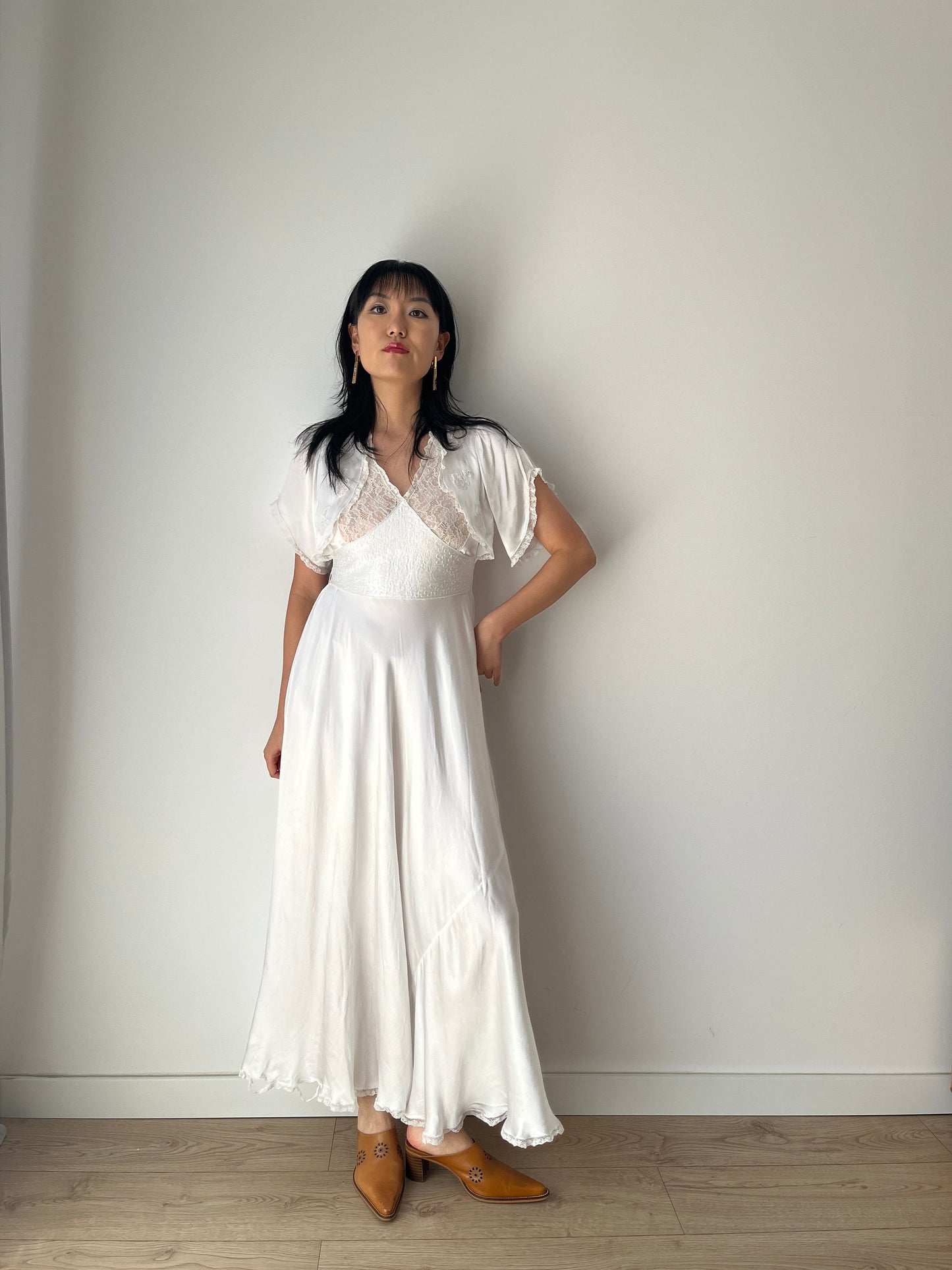 1950s 1940s Antique Bias Cut Pure Silk Hand Embroidered Lace Bridal Dress