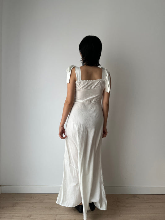 1930s 1920s Antique White Cotton Silk Night under Maxi dress, Victorian Edwardian Romantic CottageCore Dress