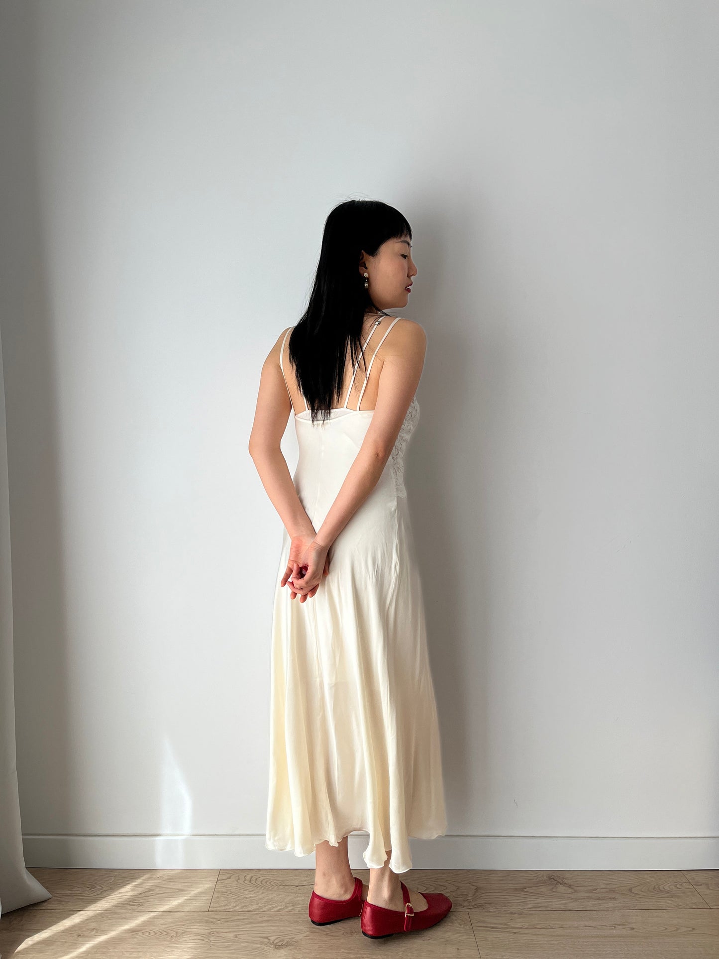 Vintage 90s Y2K liquid silk satin white embroidered slip long maxi camisole dress