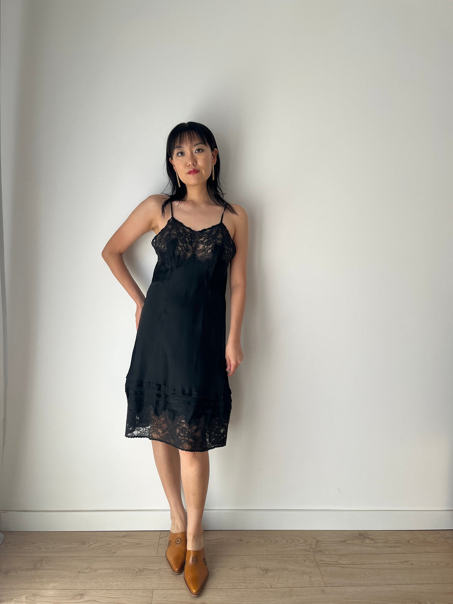 Antique vintage 1930s black liquid satin pure silk lace embroidered art deco bias cut slip