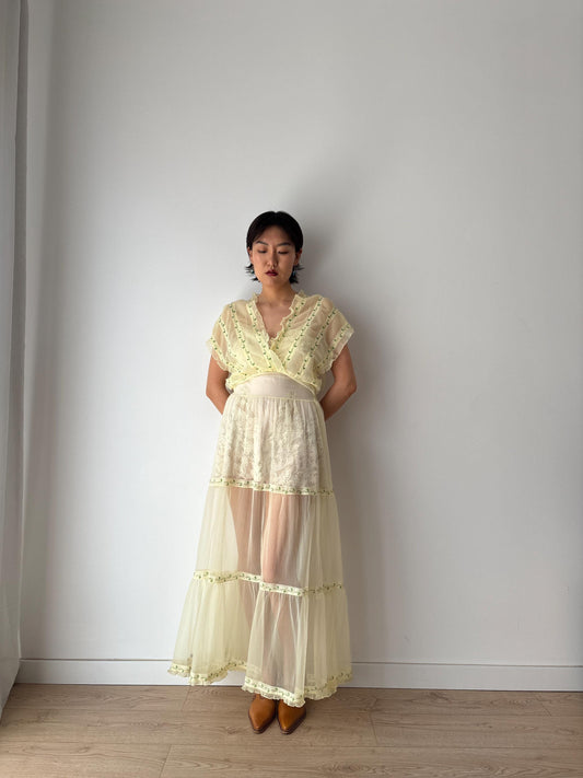 1960s Nylon Yellow Applique Floral Embroidered Long Slip Maxi dress