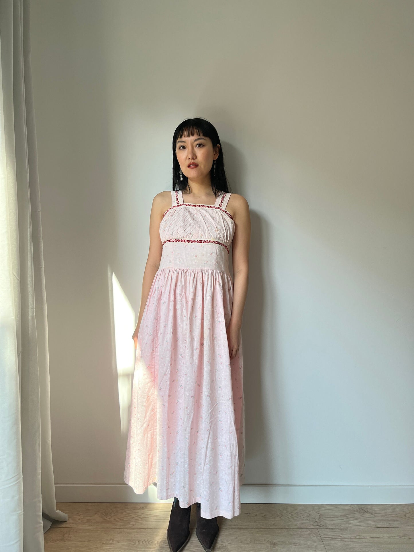 vintage 1940s blue pink floral print cotton lace summer dress, 1950s romantic parisian maxi slip dress