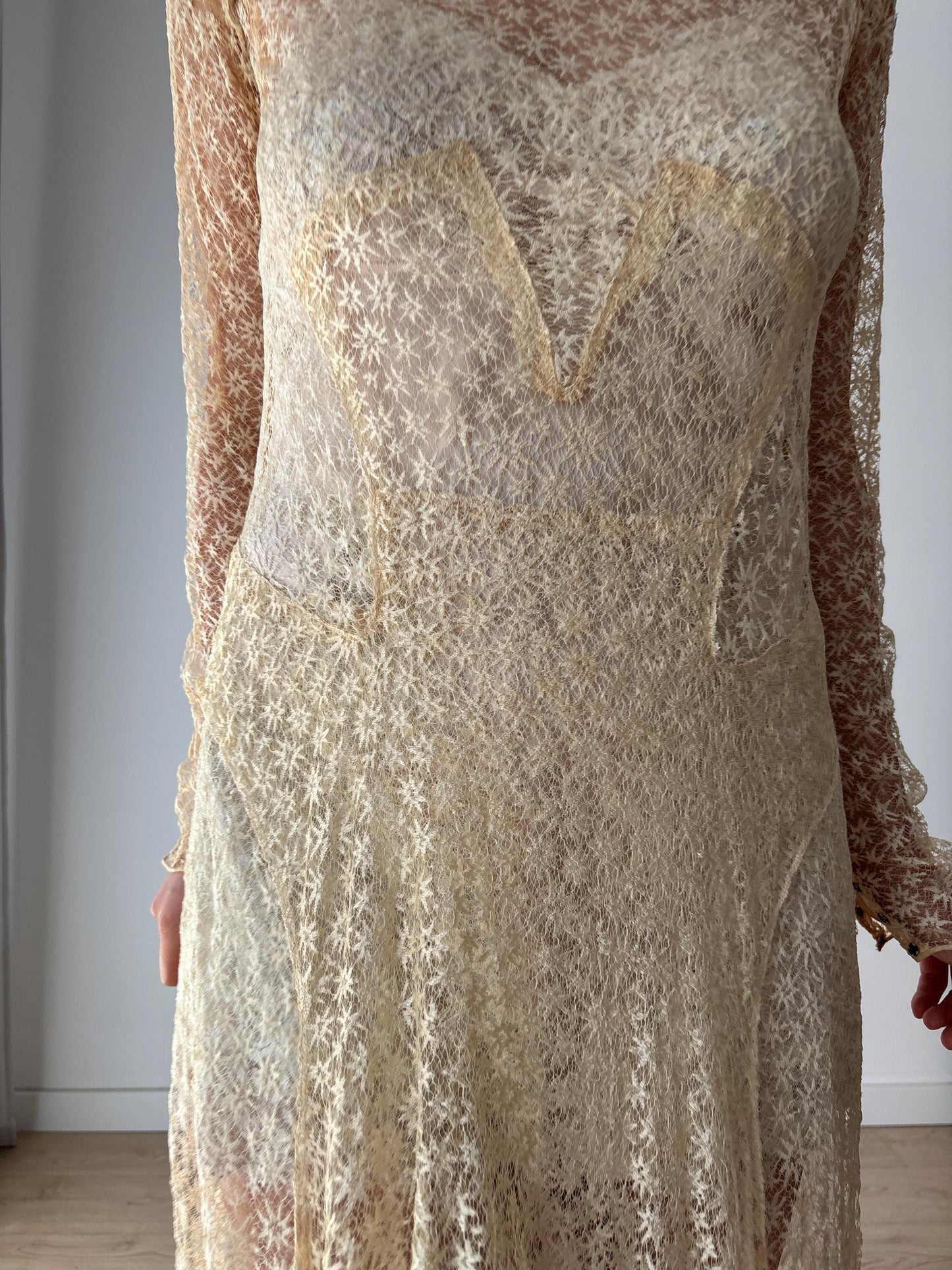 Antique 1910s Edwardian Lace Handmade Wedding Dress Floral Lawn Dress