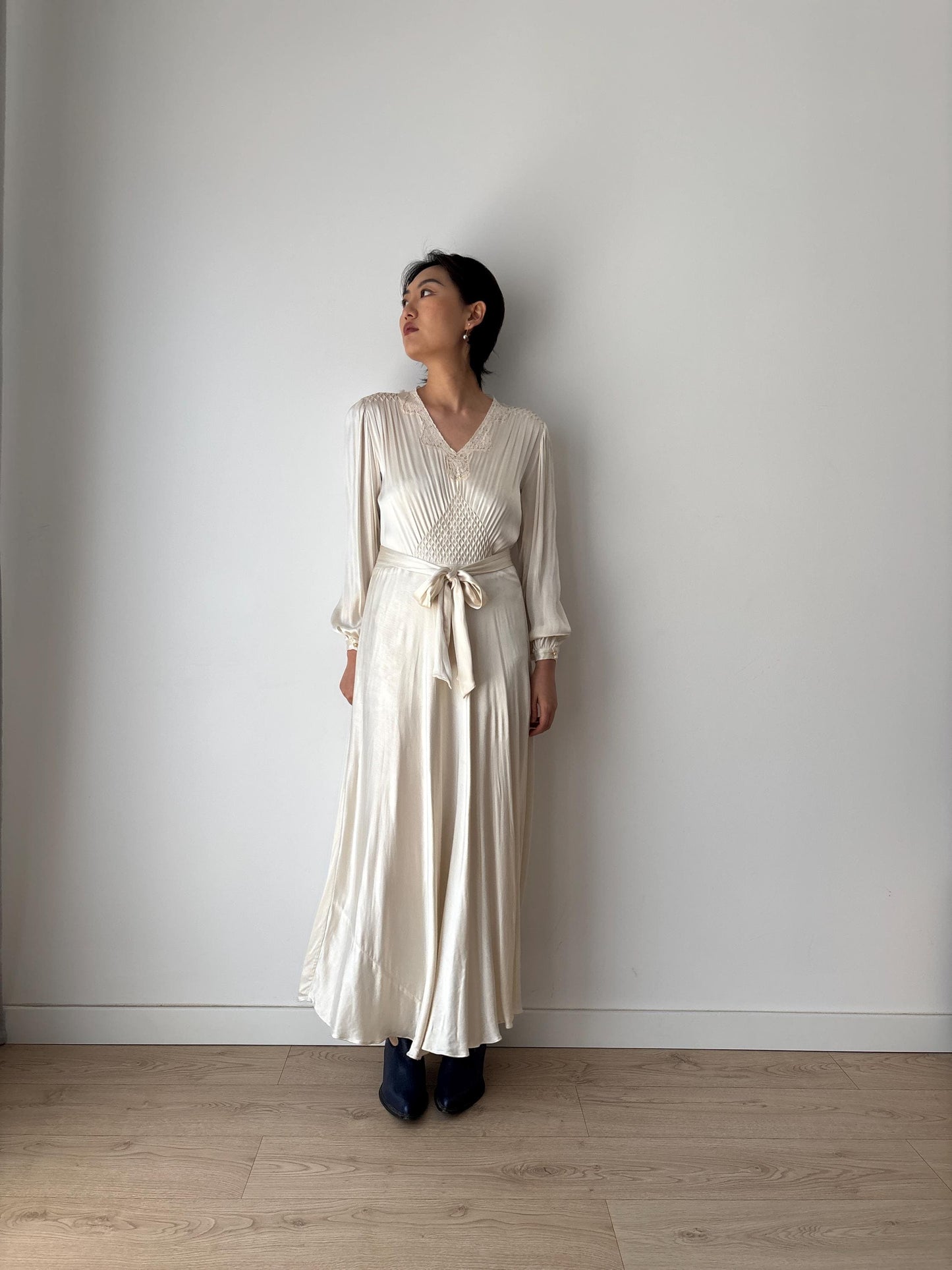 1930s Antique Lace Bridal 100% Silk Liquid Satin Long Maxi dress