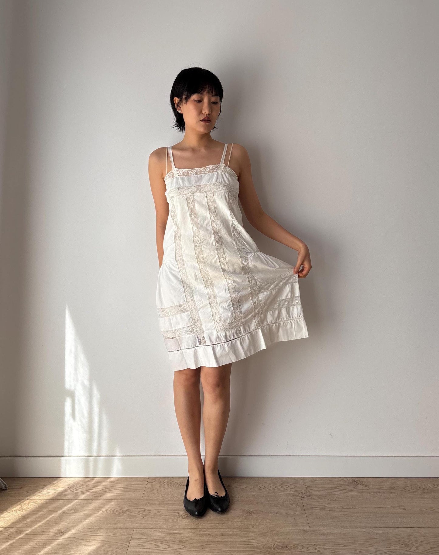 1910s 1900s Antique White Cotton Edwardian Victorian Lace Slip dress, Vintage lace mini dress