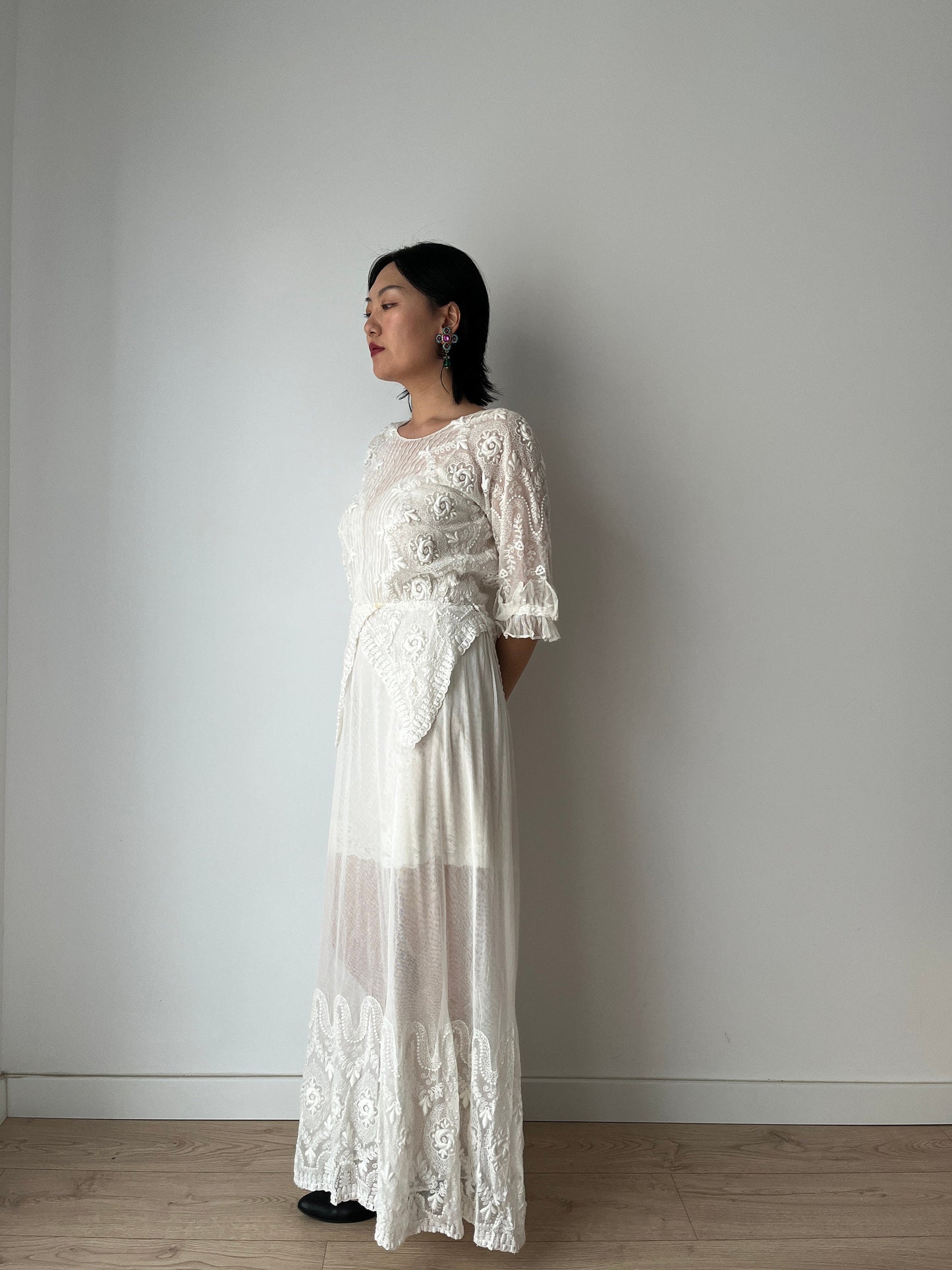 Antique 1910s 1900s White Cotton Lace Renaissance Victorian Edwardian Dress