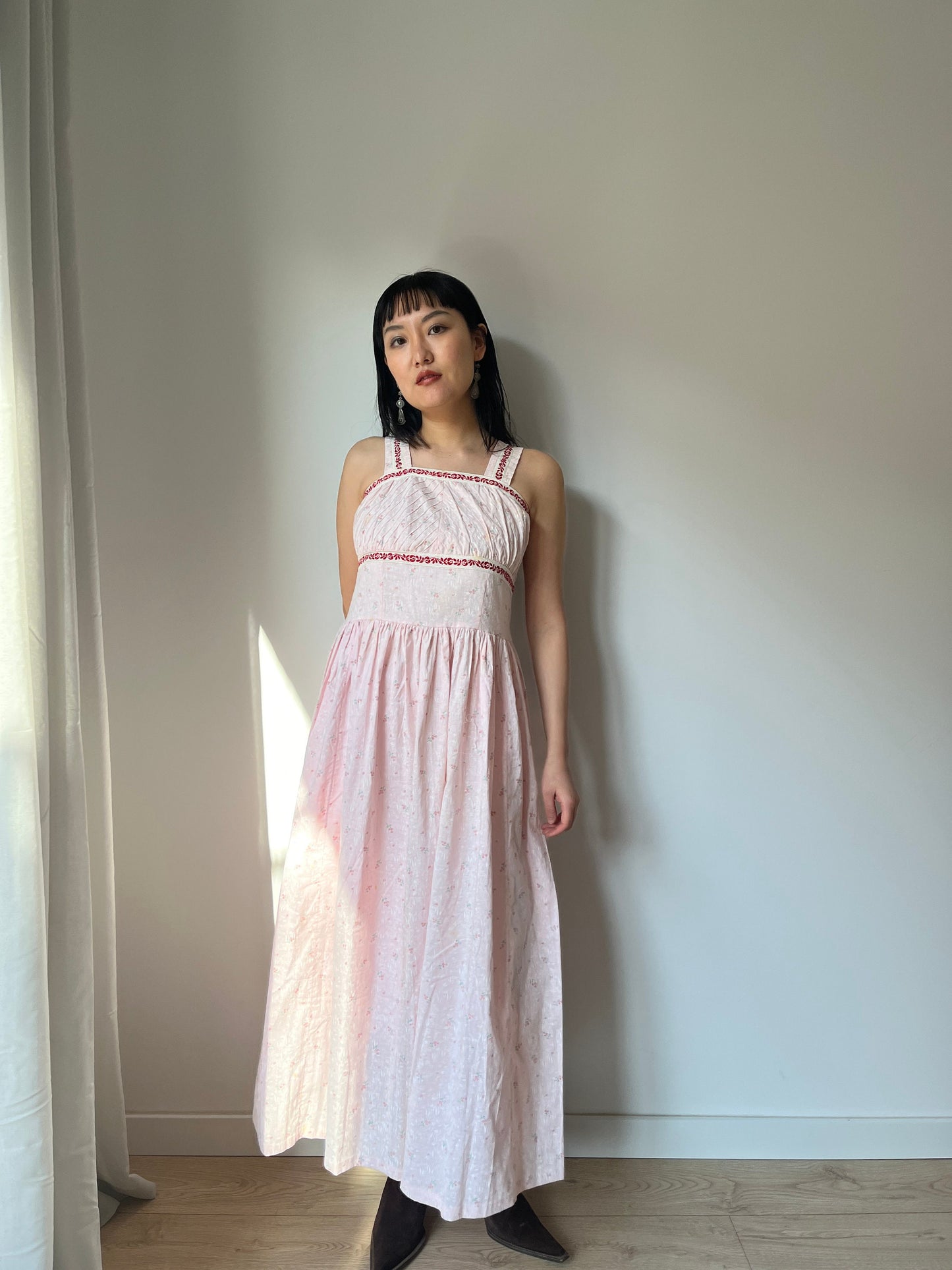 vintage 1940s blue pink floral print cotton lace summer dress, 1950s romantic parisian maxi slip dress