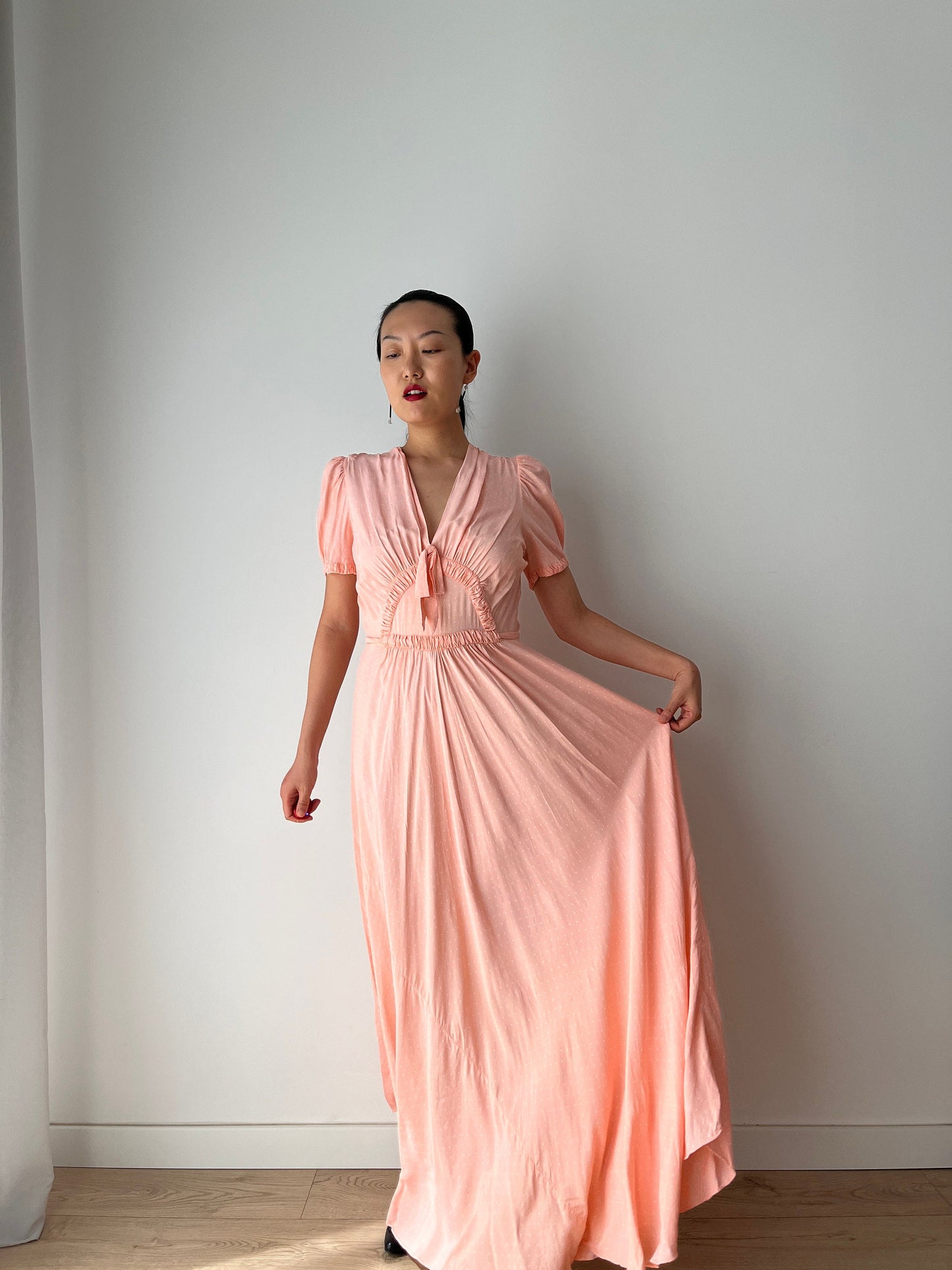 1940s Antique Bias Cut Pastel Pink Rayon Dots Print Bow Dress