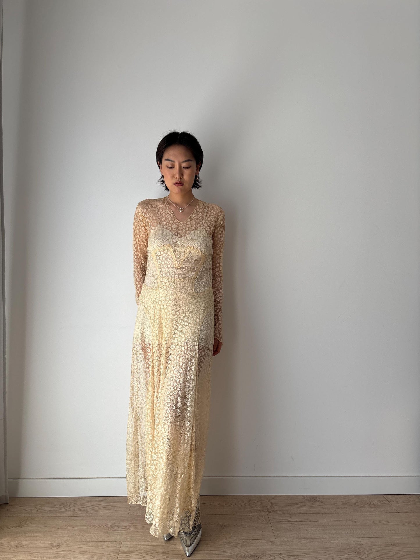 Antique 1910s Edwardian Lace Handmade Wedding Dress Floral Lawn Dress