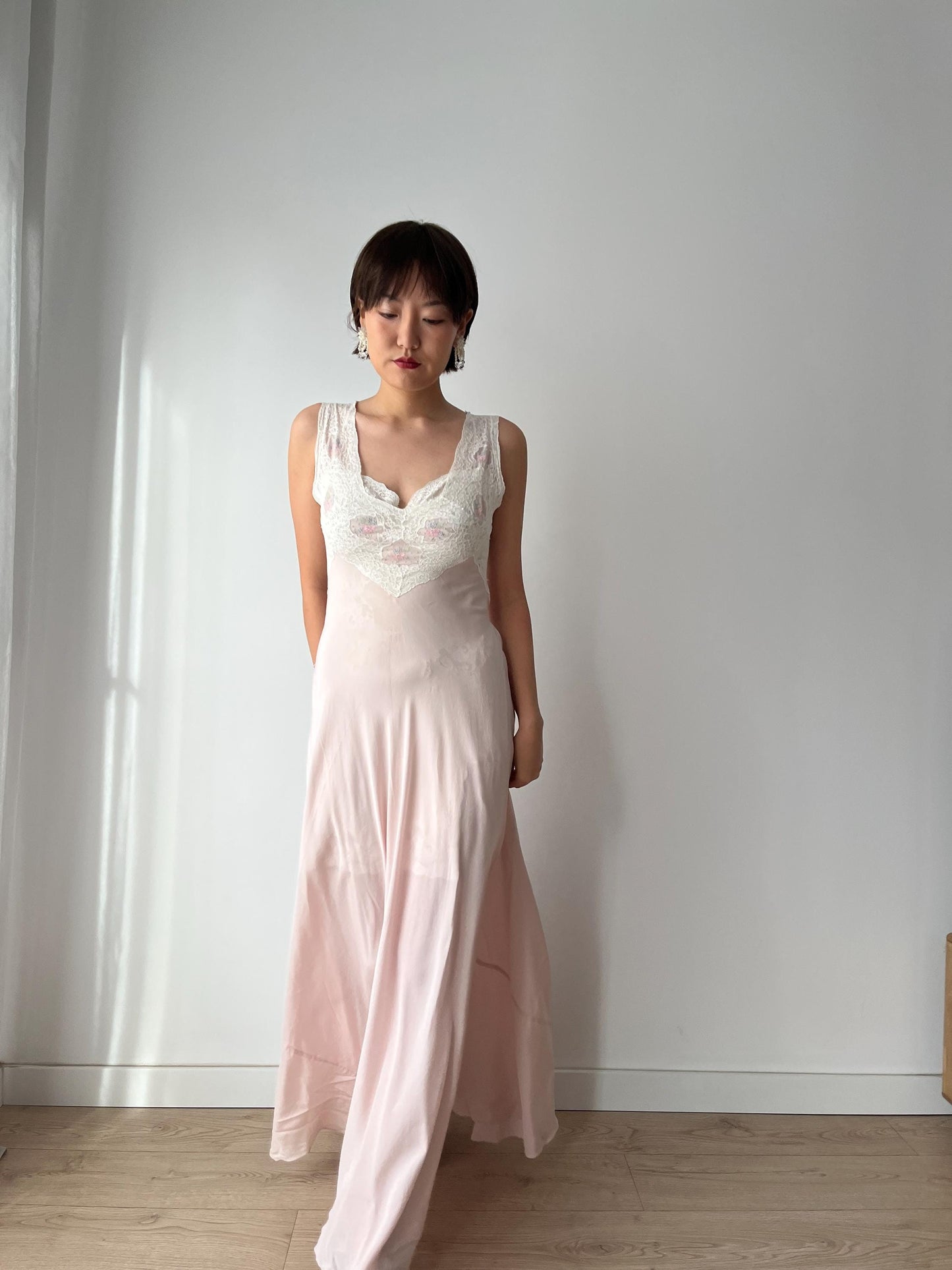 1930s 1940s Antique Bias Cut Ruffle Lace Pastel Pink Pure Silk Embroidered Nightgown